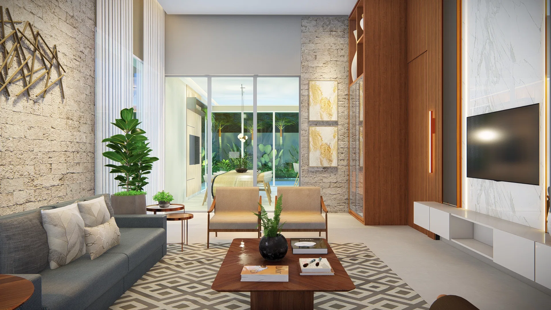 Living room with a raw stone wall, upholstered armchairs and a glazed view to the pool and outdoor garden