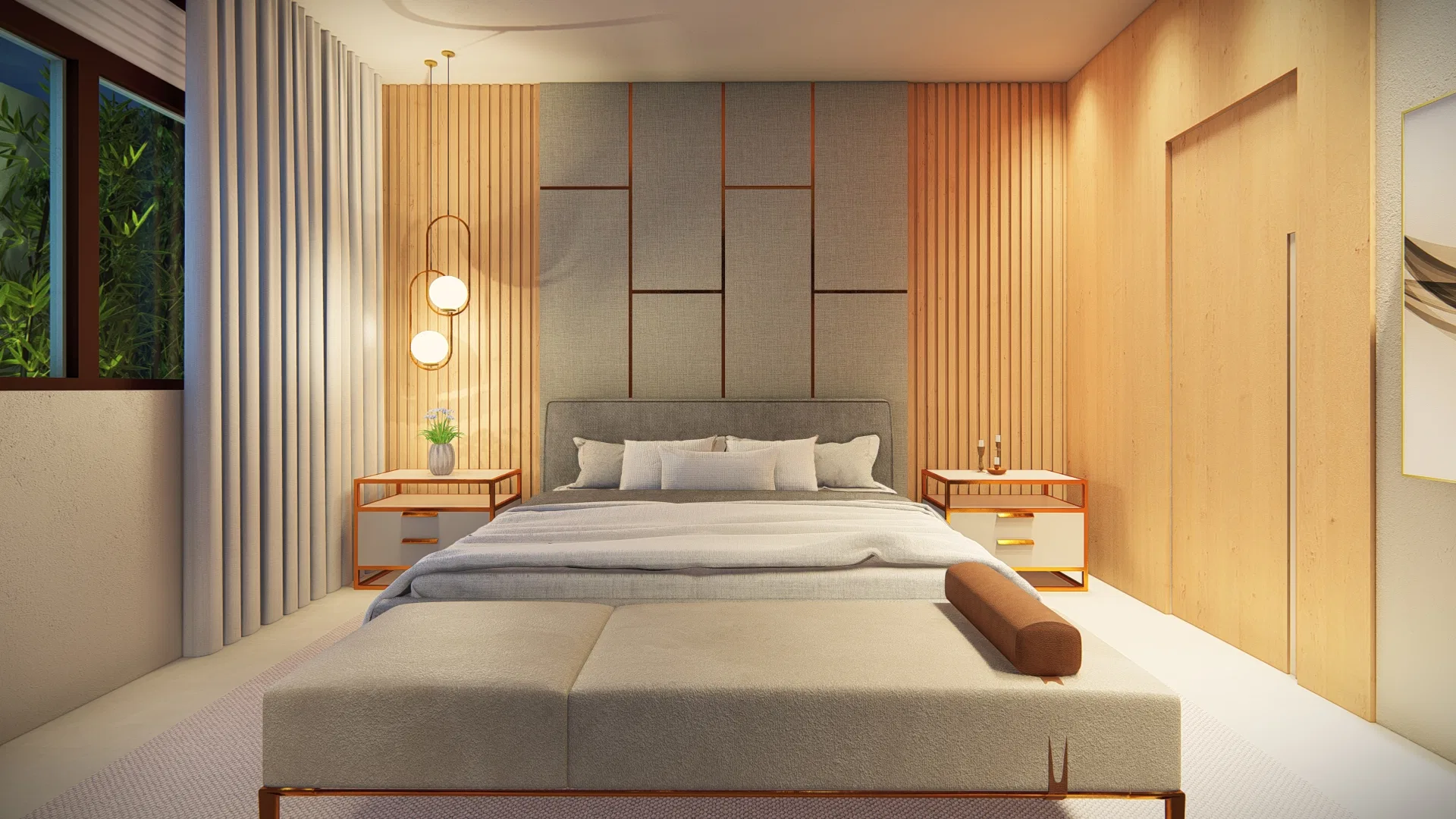 Suite with an upholstered headboard panel framed by wood slats and pendant lighting beside the nightstands