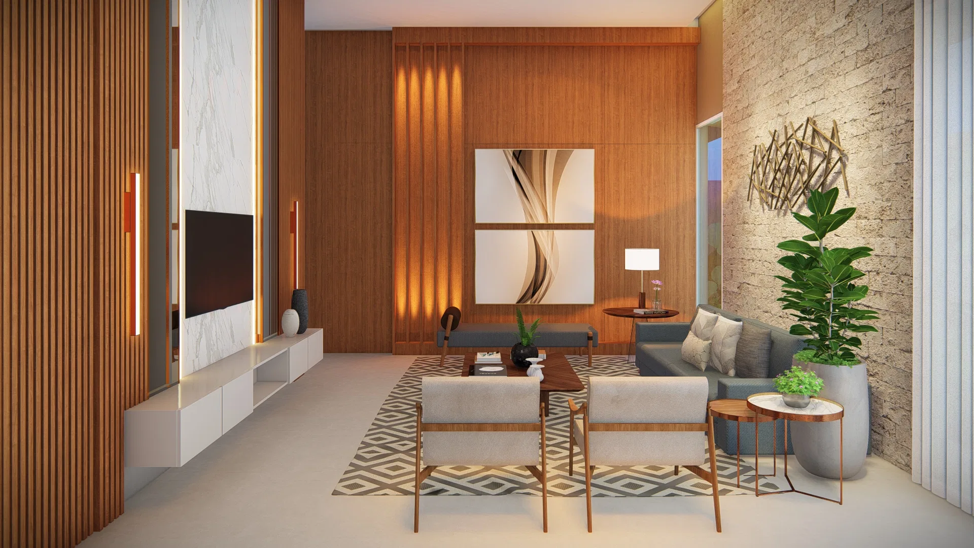 Living room with a slatted wood panel, a double-framed artwork and a stone wall with a decorative sculpture