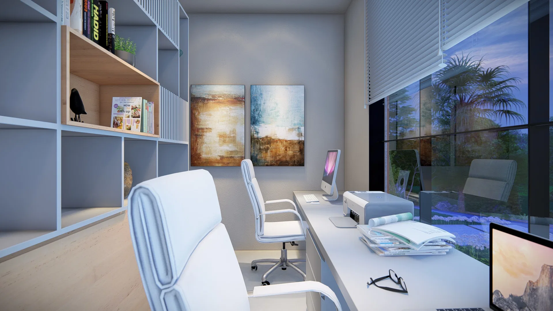 Home office with light wood shelving, abstract artwork and a desk facing a window overlooking the garden