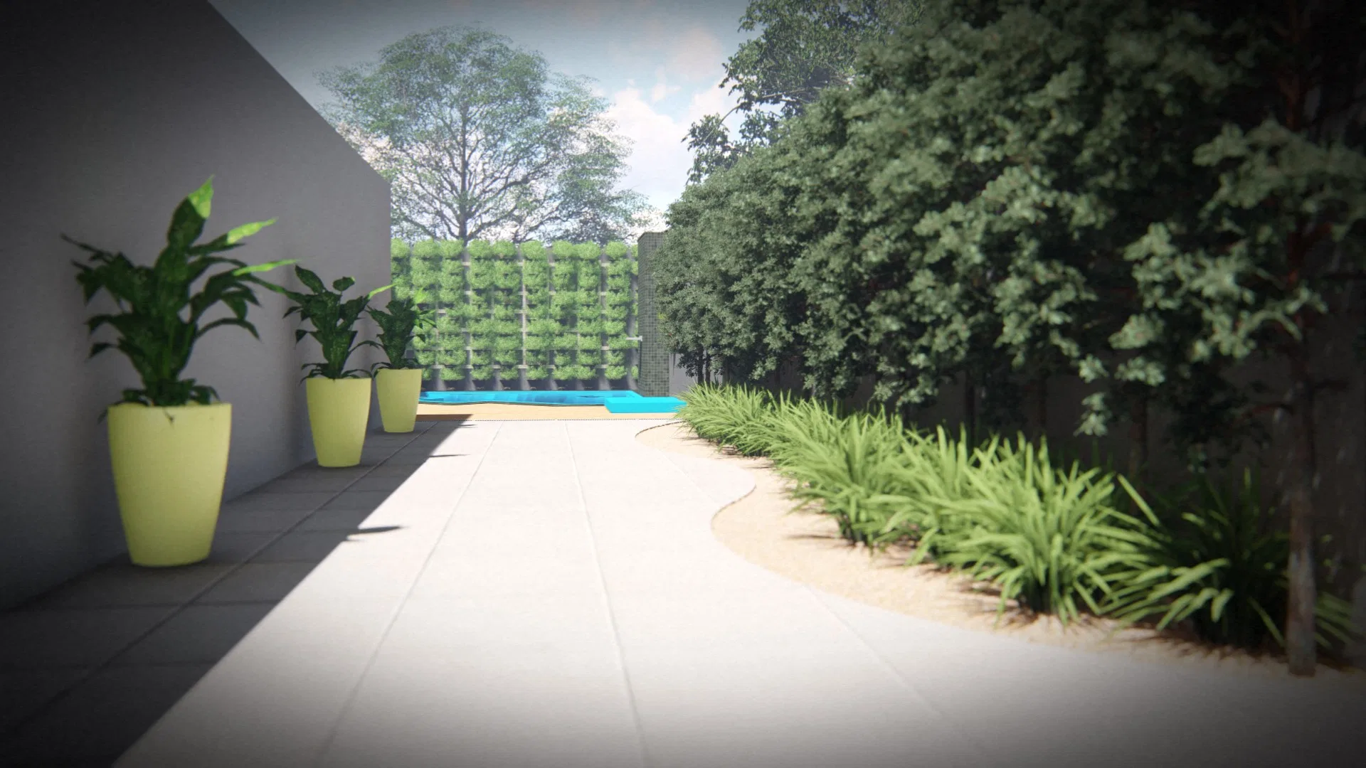 Paved side path with three tall lime-green pots along the wall and a curved planting bed, the pool visible in the background
