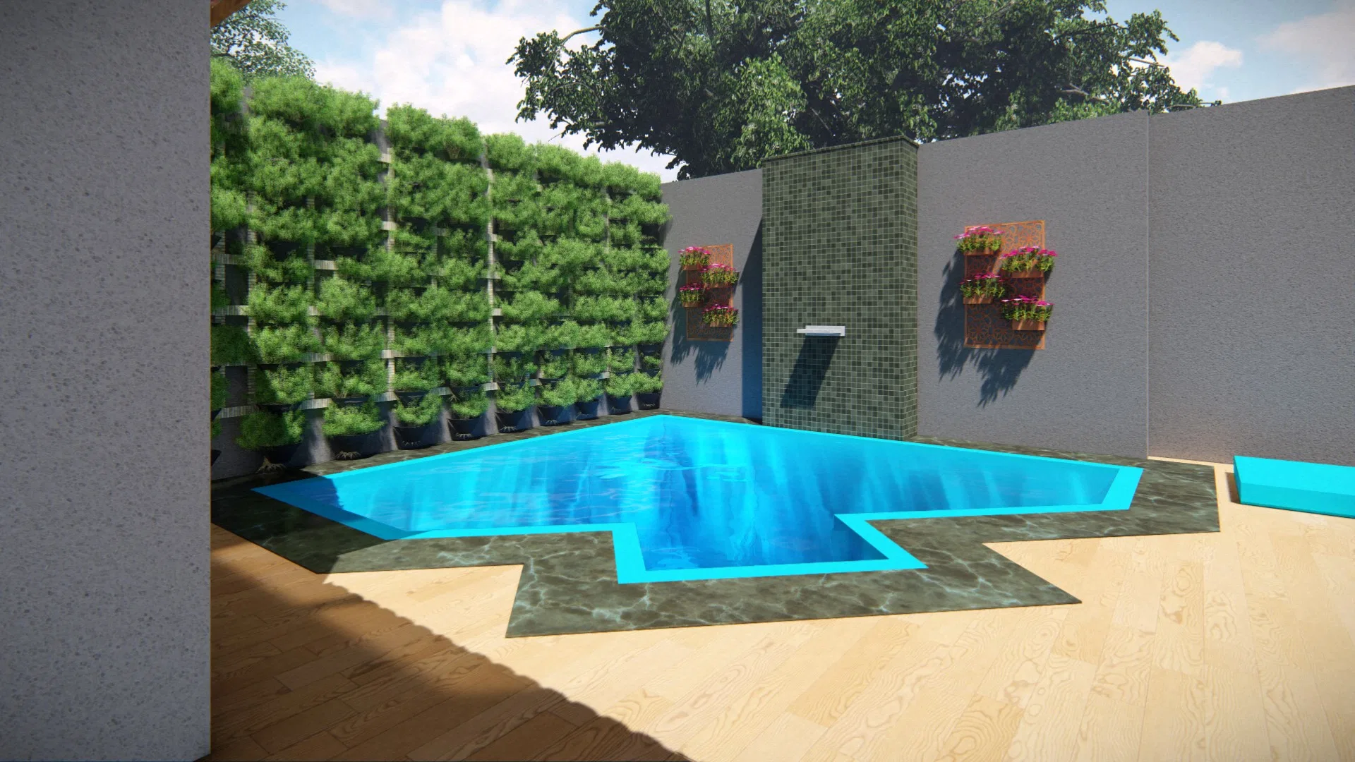 Another angle of the angular pool, with the vertical garden on the left, a water blade on the mosaic wall and wooden decking in the foreground
