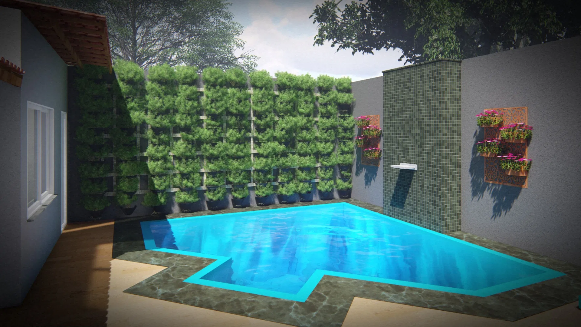 Turquoise geometric pool framed by stone decking, a vertical garden of columnar trees and a mosaic wall with flowering panels