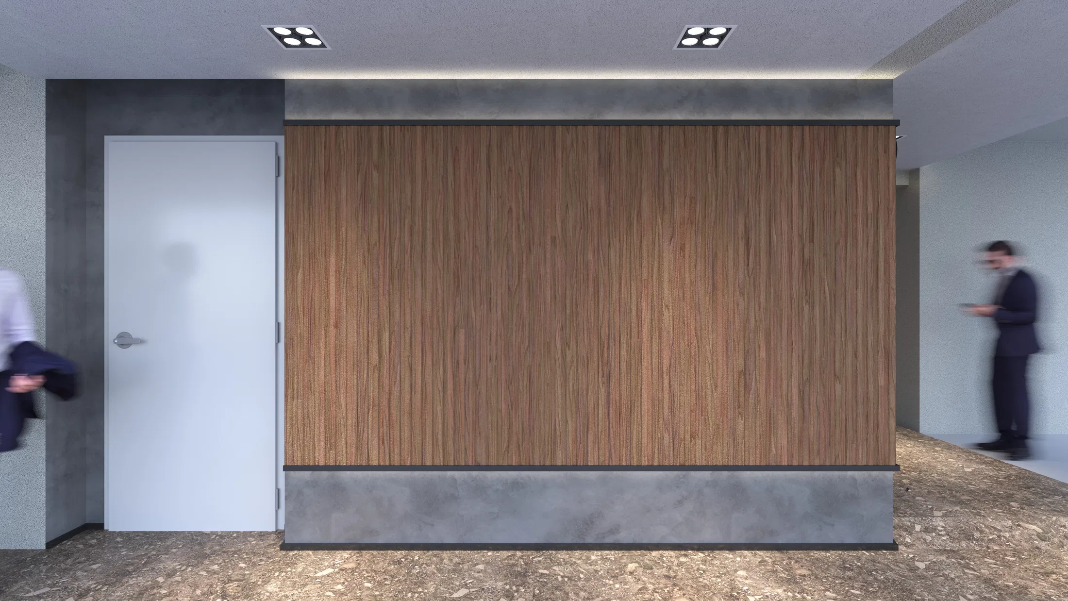 Corridor beside the lobby with a slatted wood-paneled wall, a white door and granite flooring, with people walking in the background