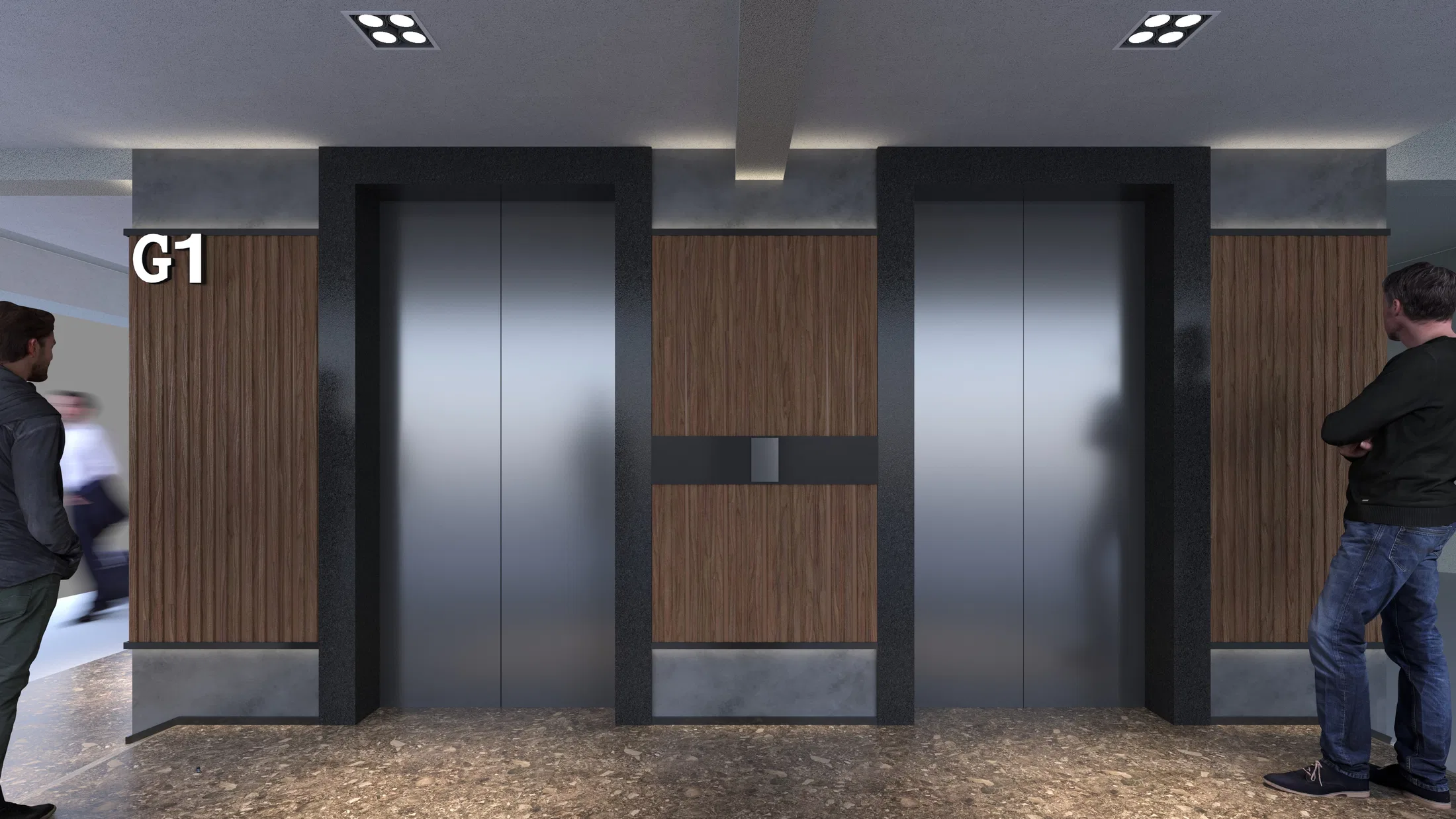 Elevator lobby with a 'G1' floor sign, brushed-steel doors framed by slatted wood panels and a light stone base