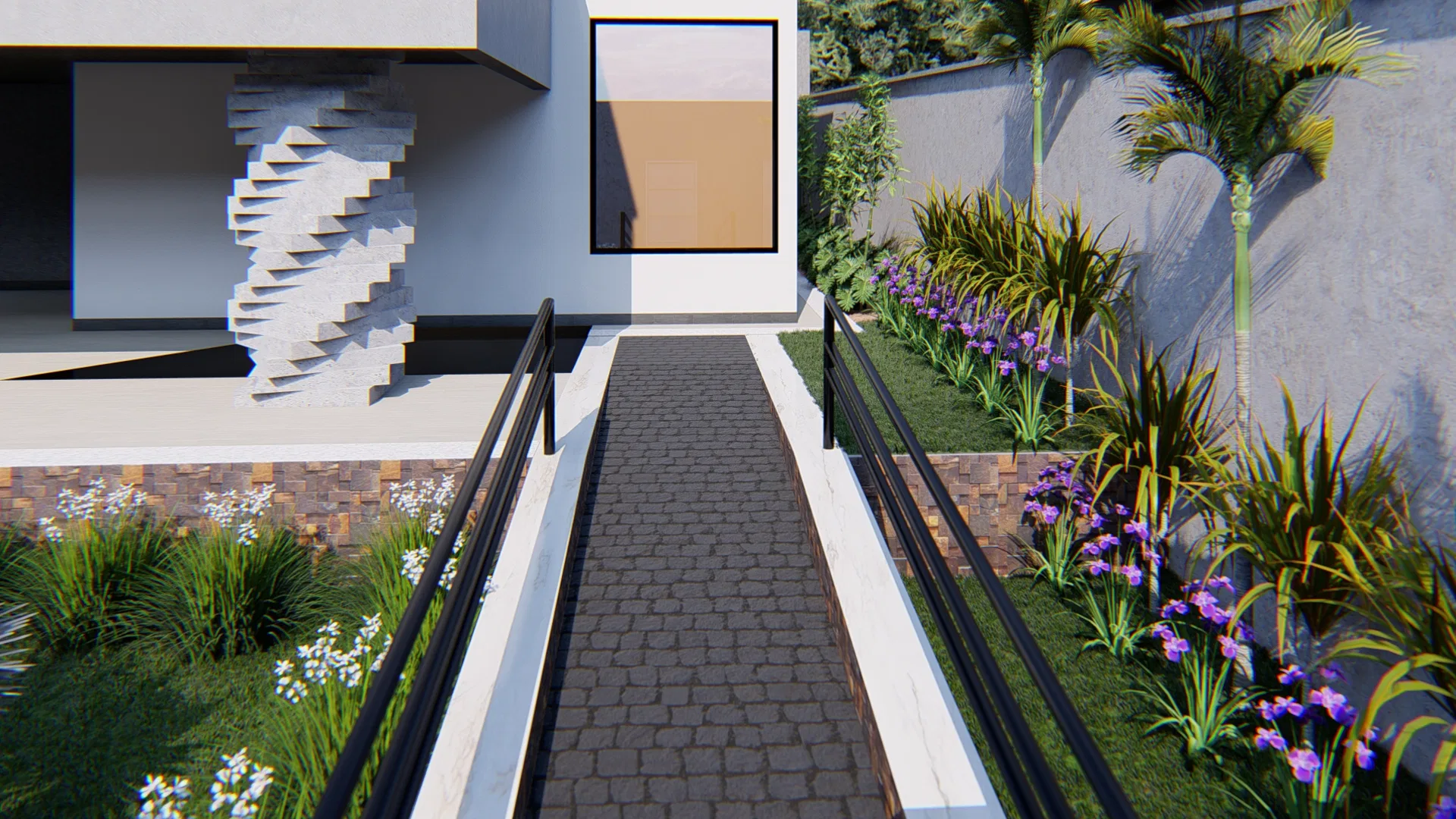 Paved walkway between beds of iris and ornamental grasses, leading to a sculptural concrete column at the entrance