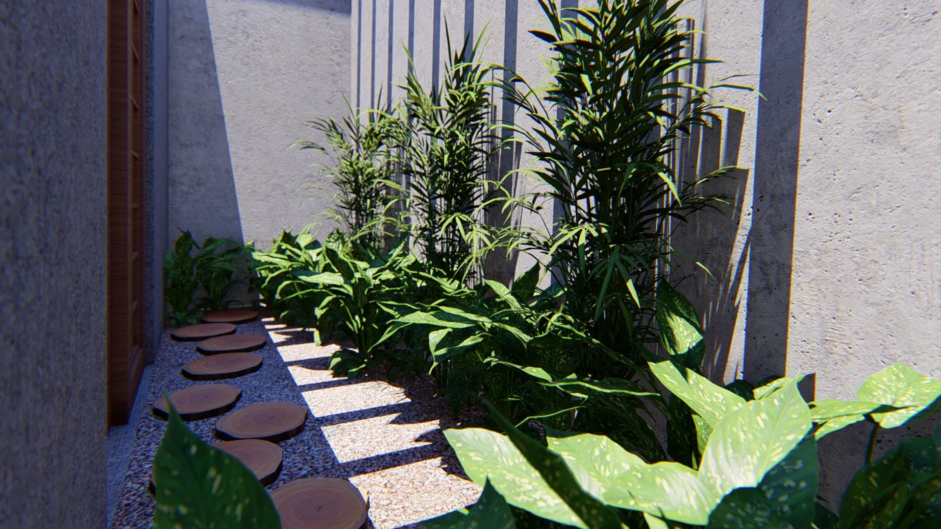 Narrow side garden with varied green foliage and round stepping stones set over gravel by the fence