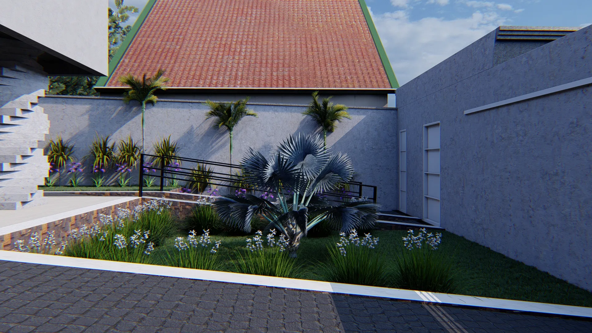 Straight staircase with a black handrail beside palm trees and a white-flower bed, next to a paved path under a ceramic-tile roof