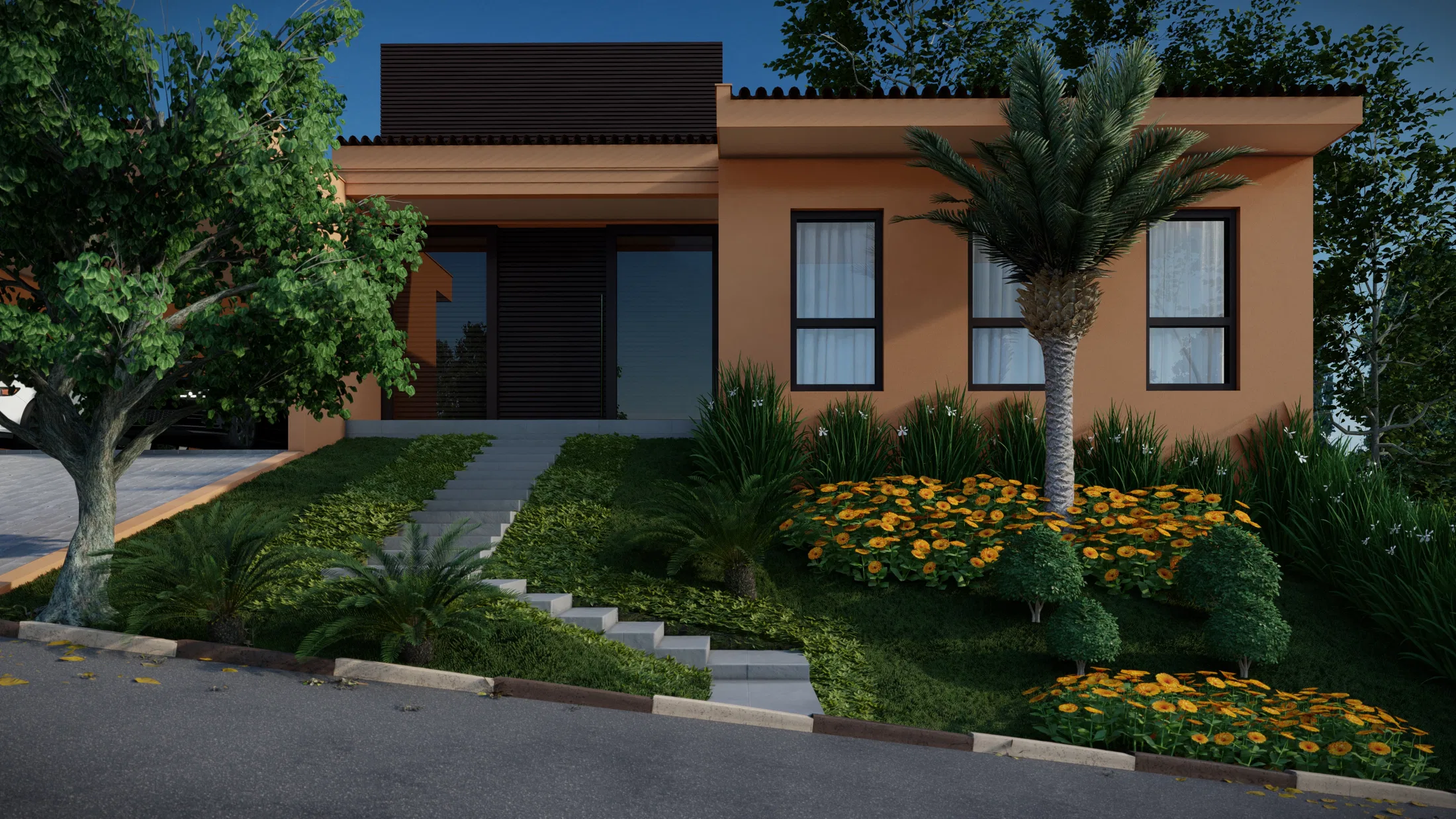 Facade at dusk with a leafy tree on the left, a palm and yellow bed on the right and stone steps rising from the kerb.