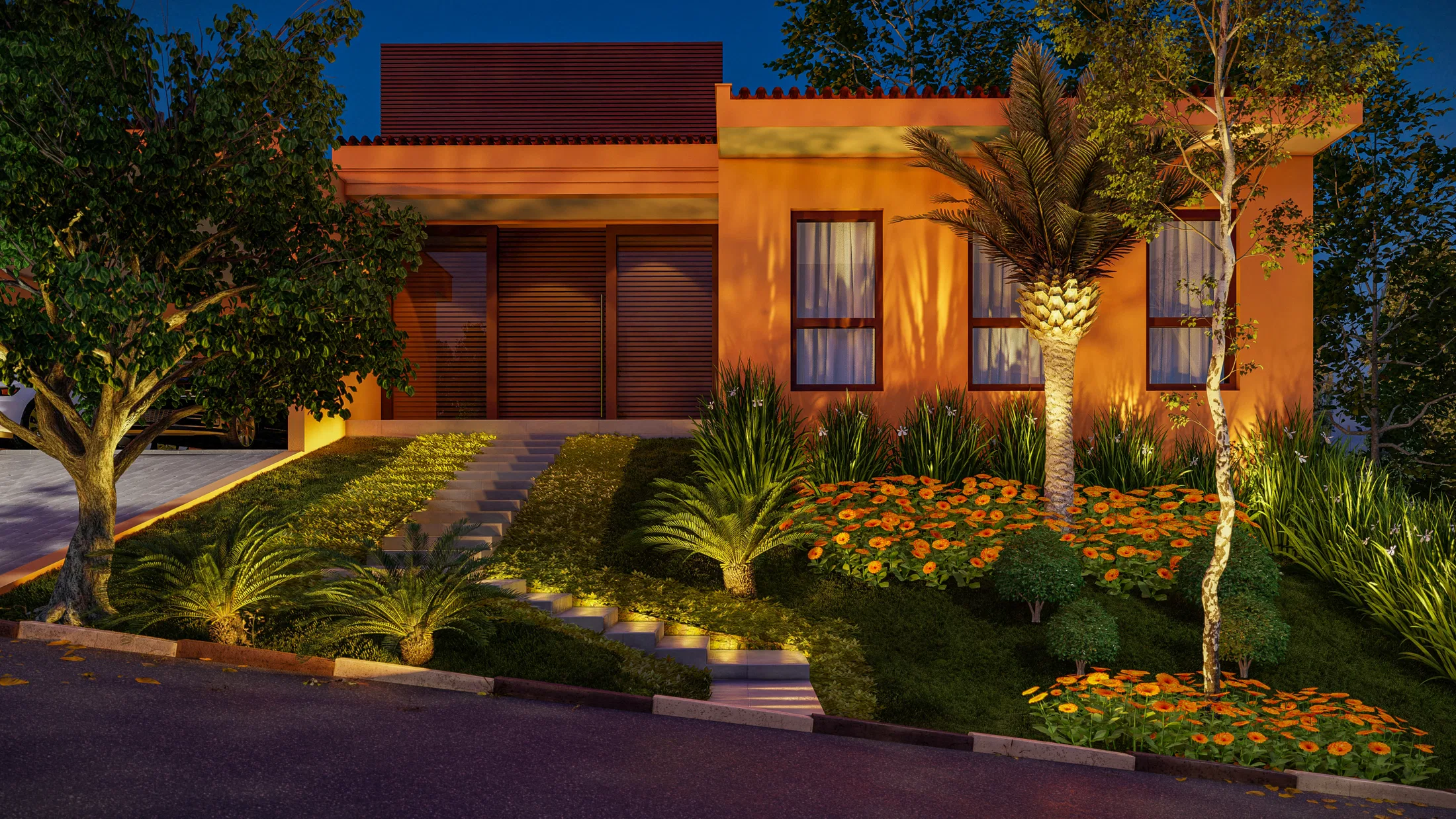 Night scene with warm lighting highlighting the palm, grasses and orange masses, and ground lights marking the stepped path.