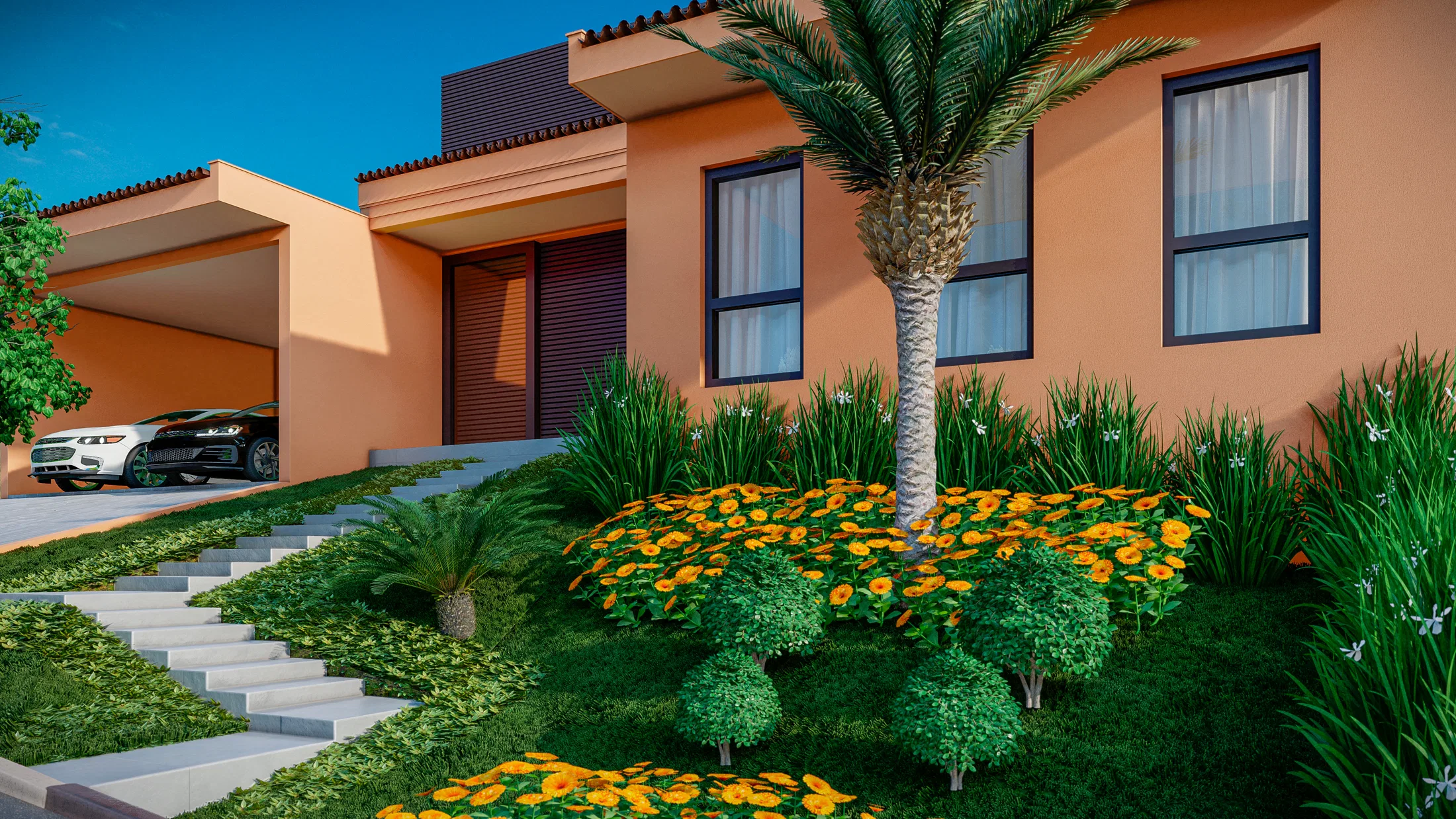 Daytime front garden of a terracotta single-storey house, with a central palm over a bed of yellow flowers, grasses and a stone stair on the lawn.