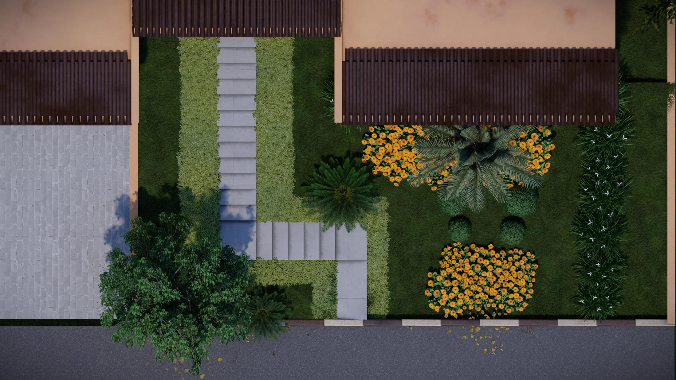 Top-down view of the plot, revealing the stone-path layout, strips of lawn, cycads and masses of yellow flowers.