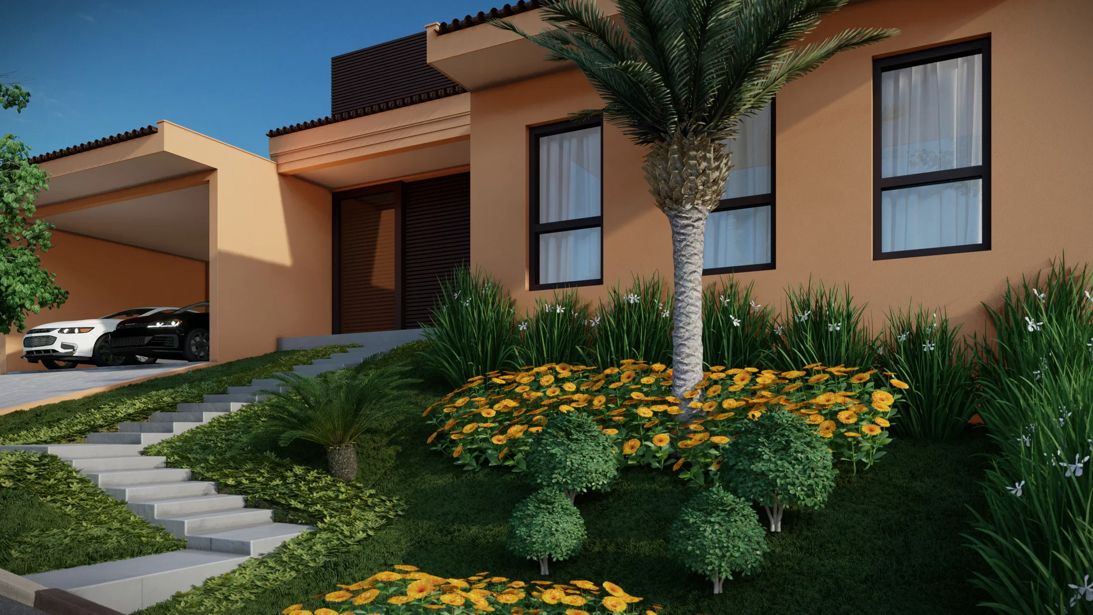Close view of the front garden with a palm, a mass of yellow flowers, cycads and clipped shrubs beside the covered carport.