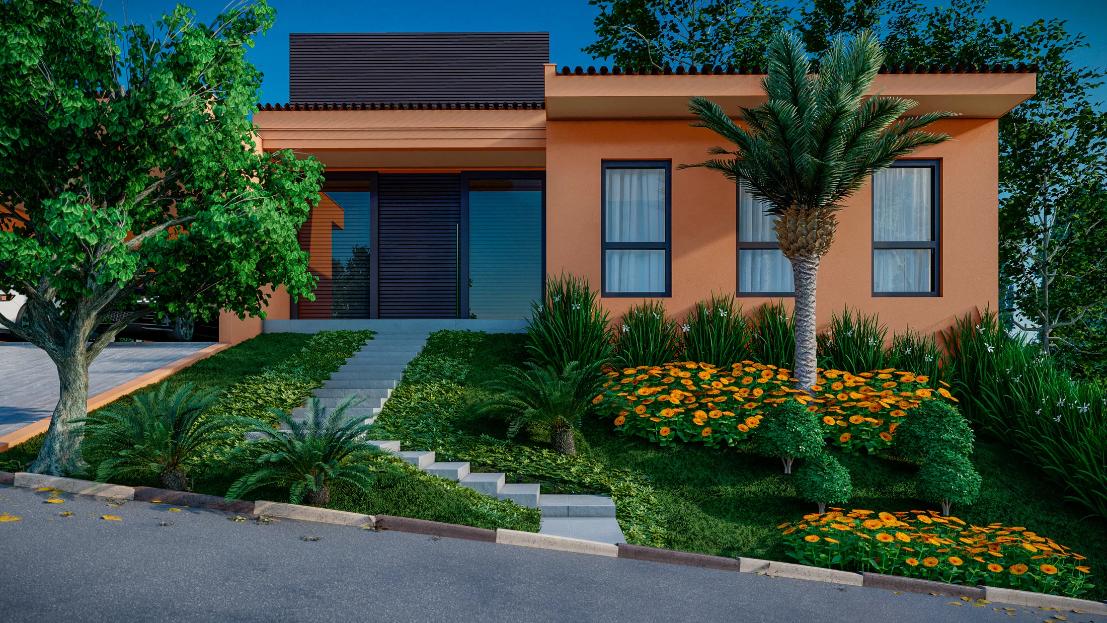 Daytime facade under a blue sky, with a tree on the left, a palm, beds of yellow flowers and a stone stair over the sloping lawn.