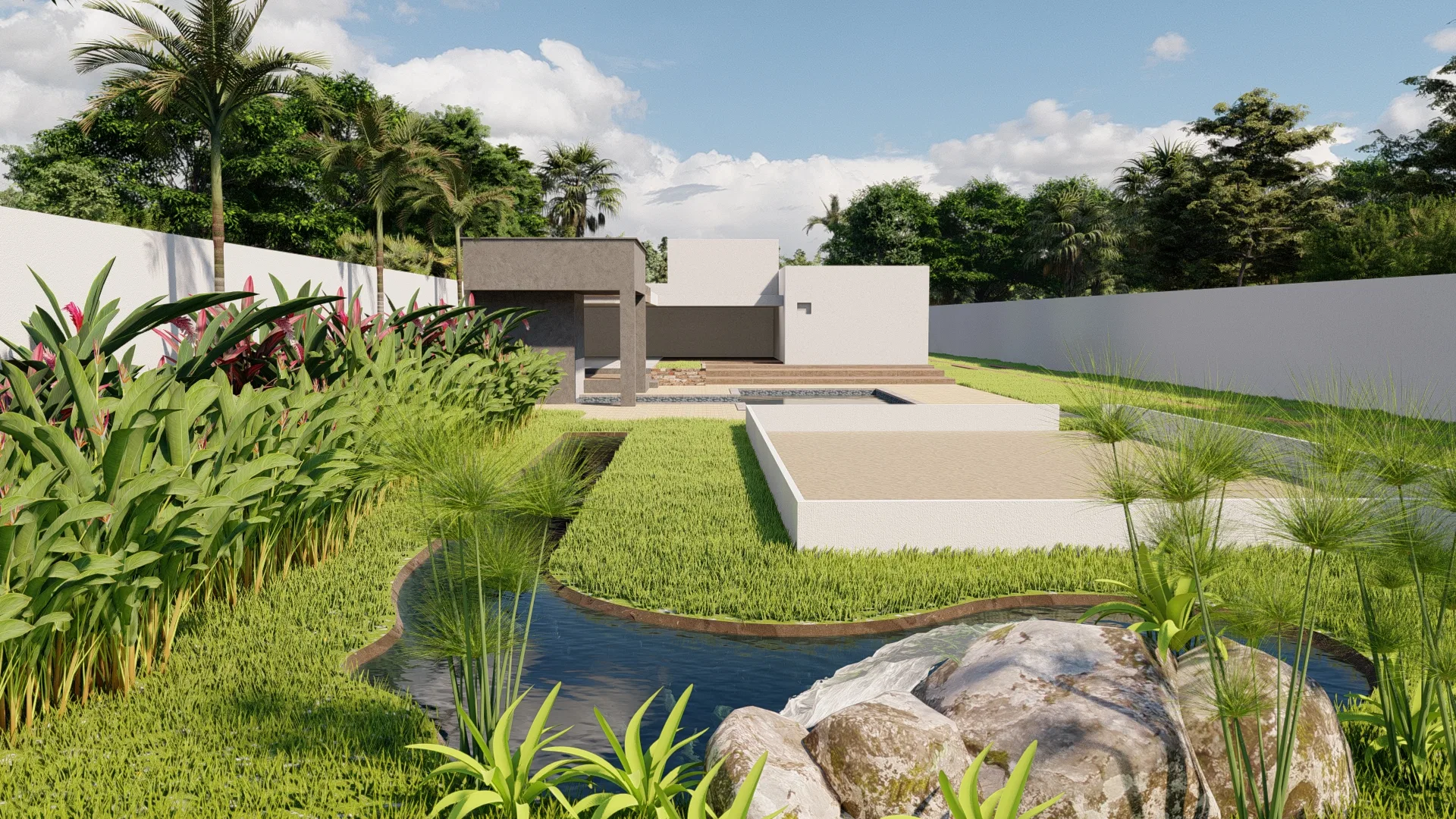 Sculptural pergola and sunken decks beside the garden, with a rock-lined pond and small waterfall in the foreground.