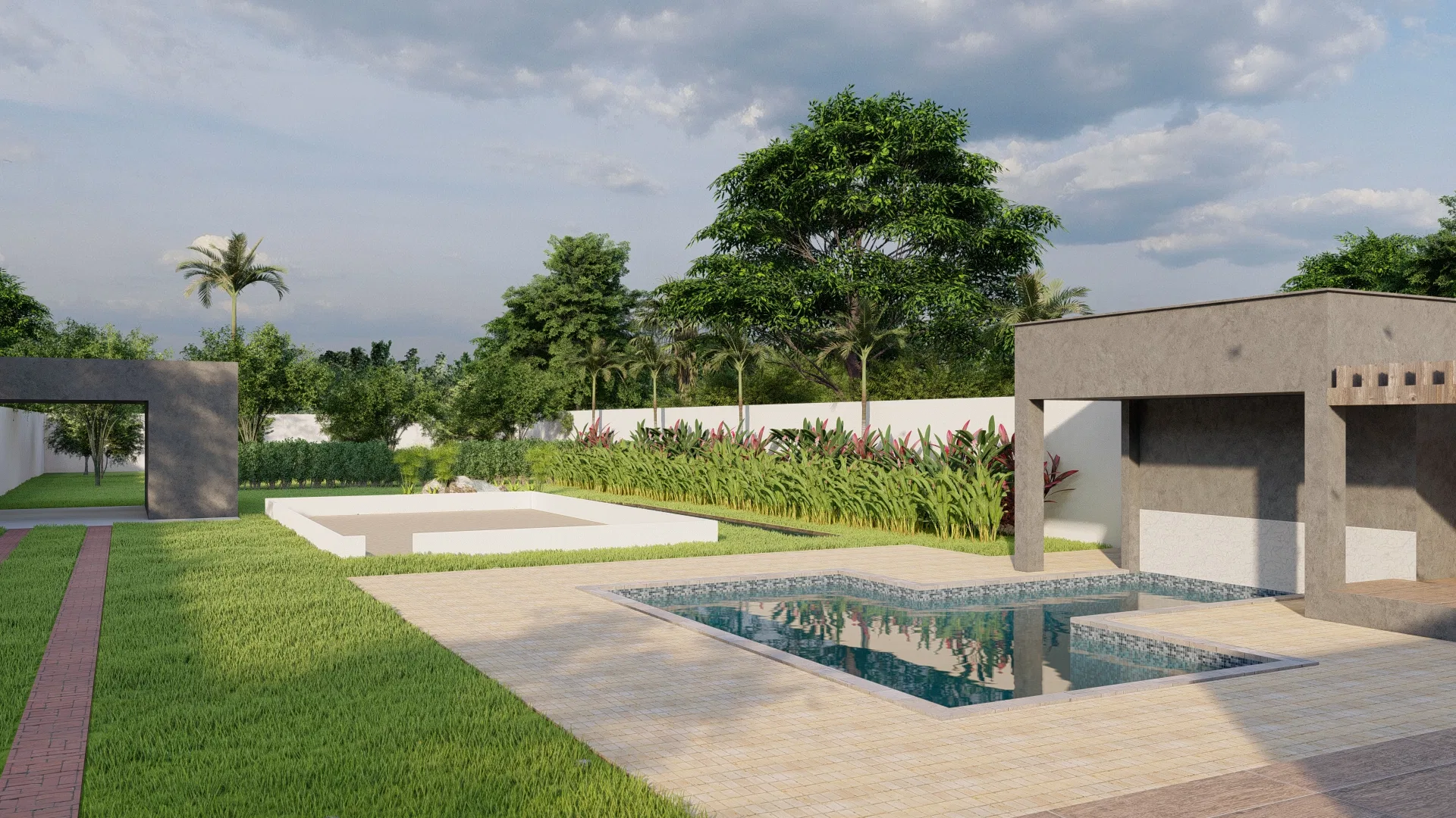 Overall backyard view with a sculptural concrete pergola, a sunken lounge area, a flowering bed and a pool in the foreground.