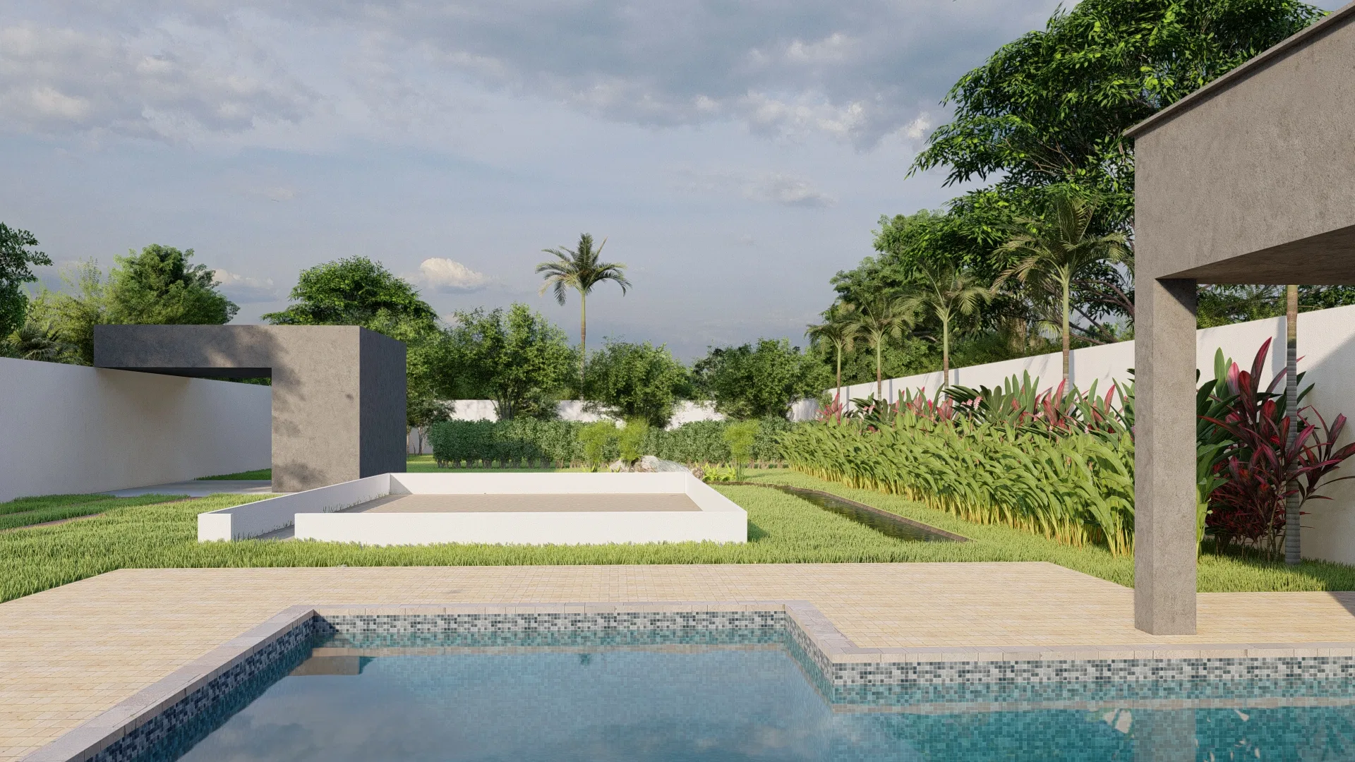 Straight-edged pool beside the pergola, with a sunken lounge area, a flowering bed and a lone palm tree in the background.