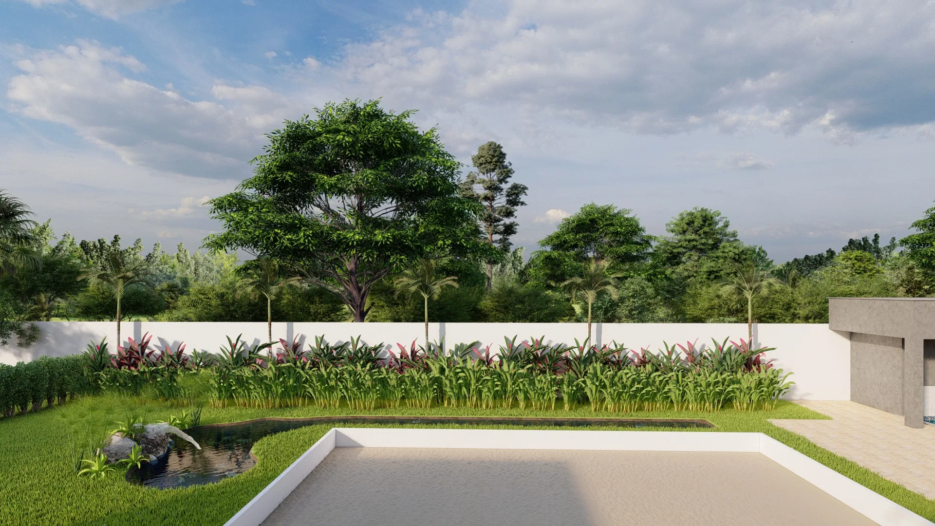 Wide lawn with tall trees in the background, a burgundy foliage bed along the white wall and a small stone-edged pond in the foreground.