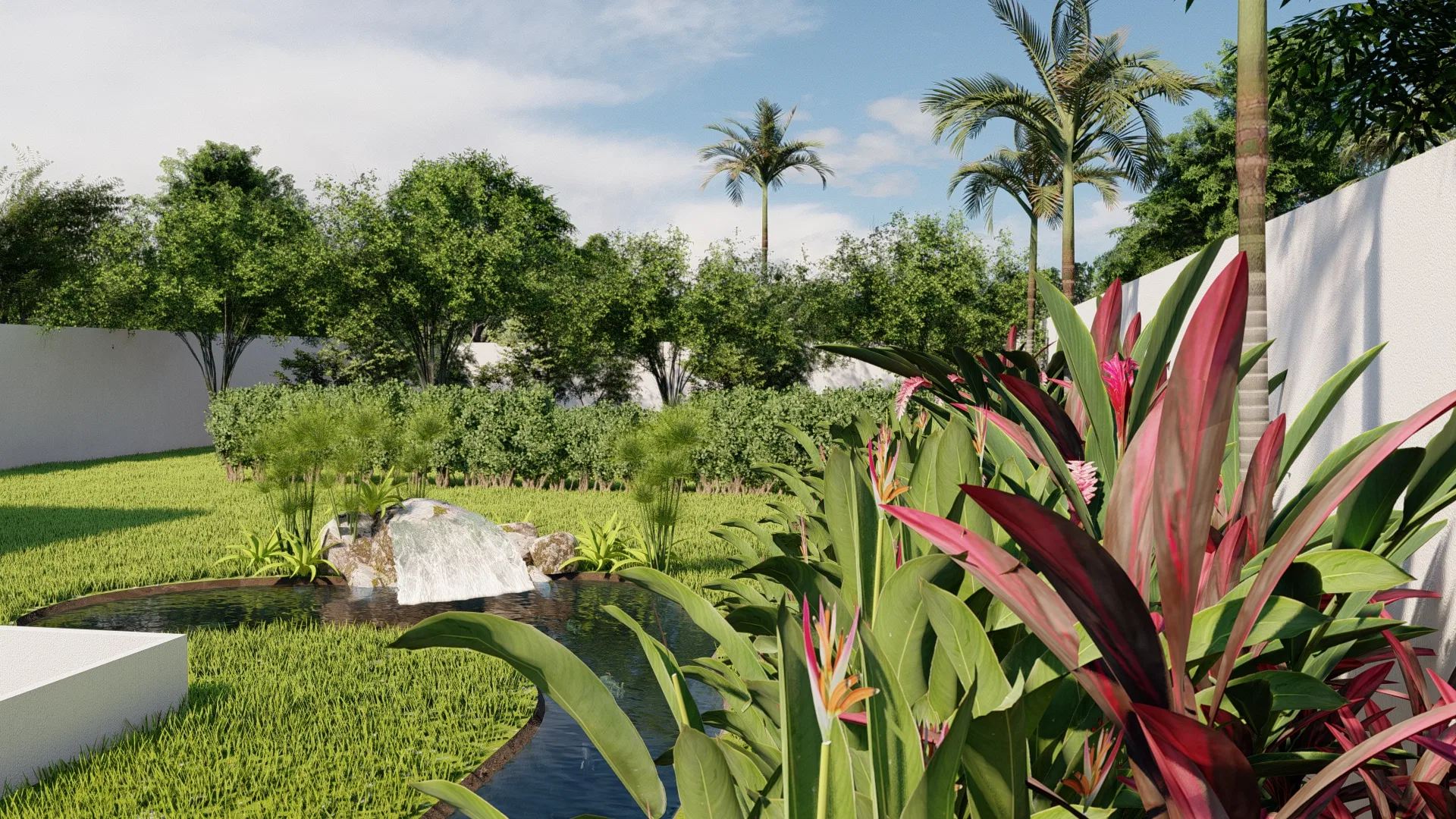 Pond with rocks and a small waterfall among red and pink foliage, with tall palm trees in the background.