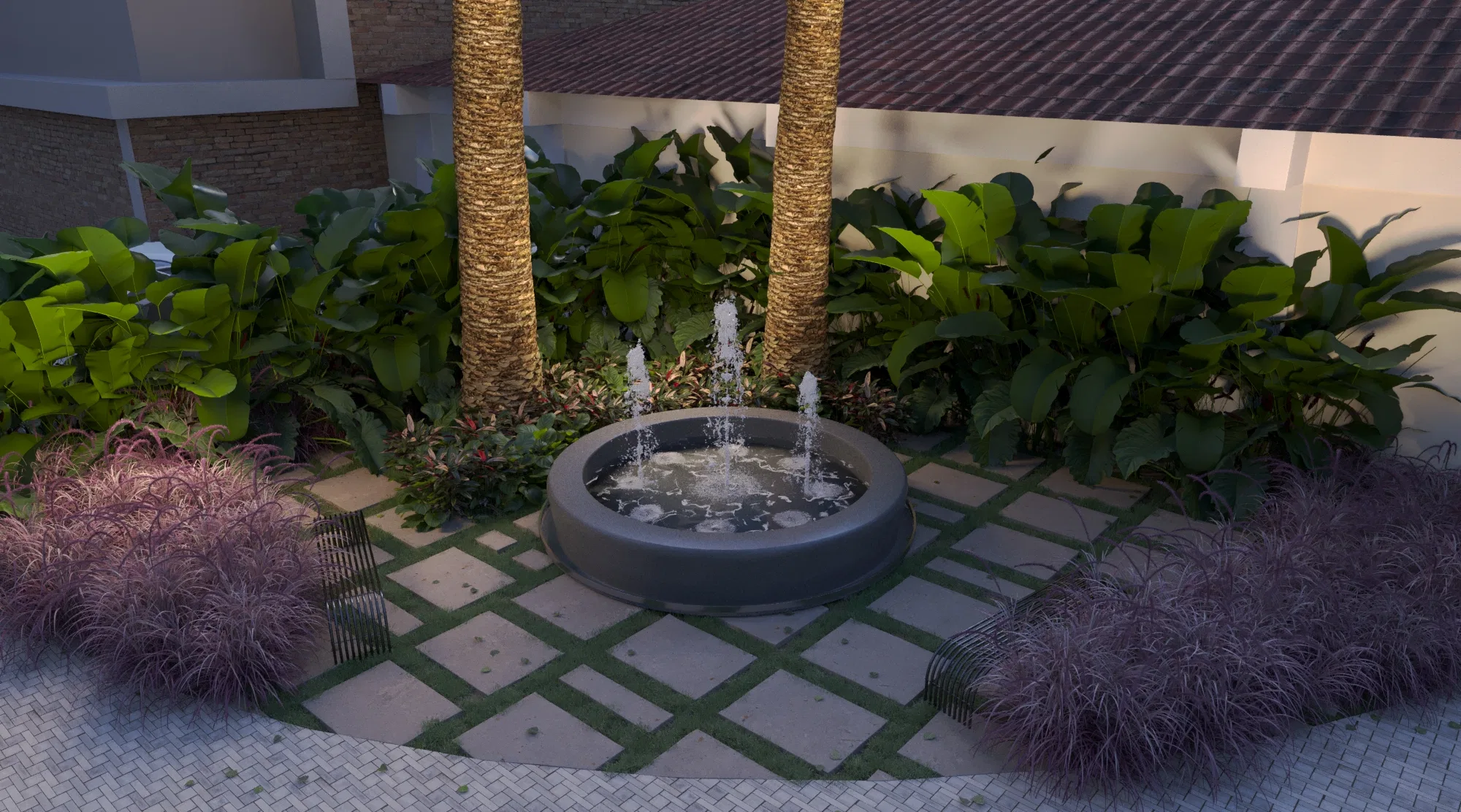 Round fountain with water jets among palm trunks, ringed by foliage beds and purple grass over a grid-patterned stone floor
