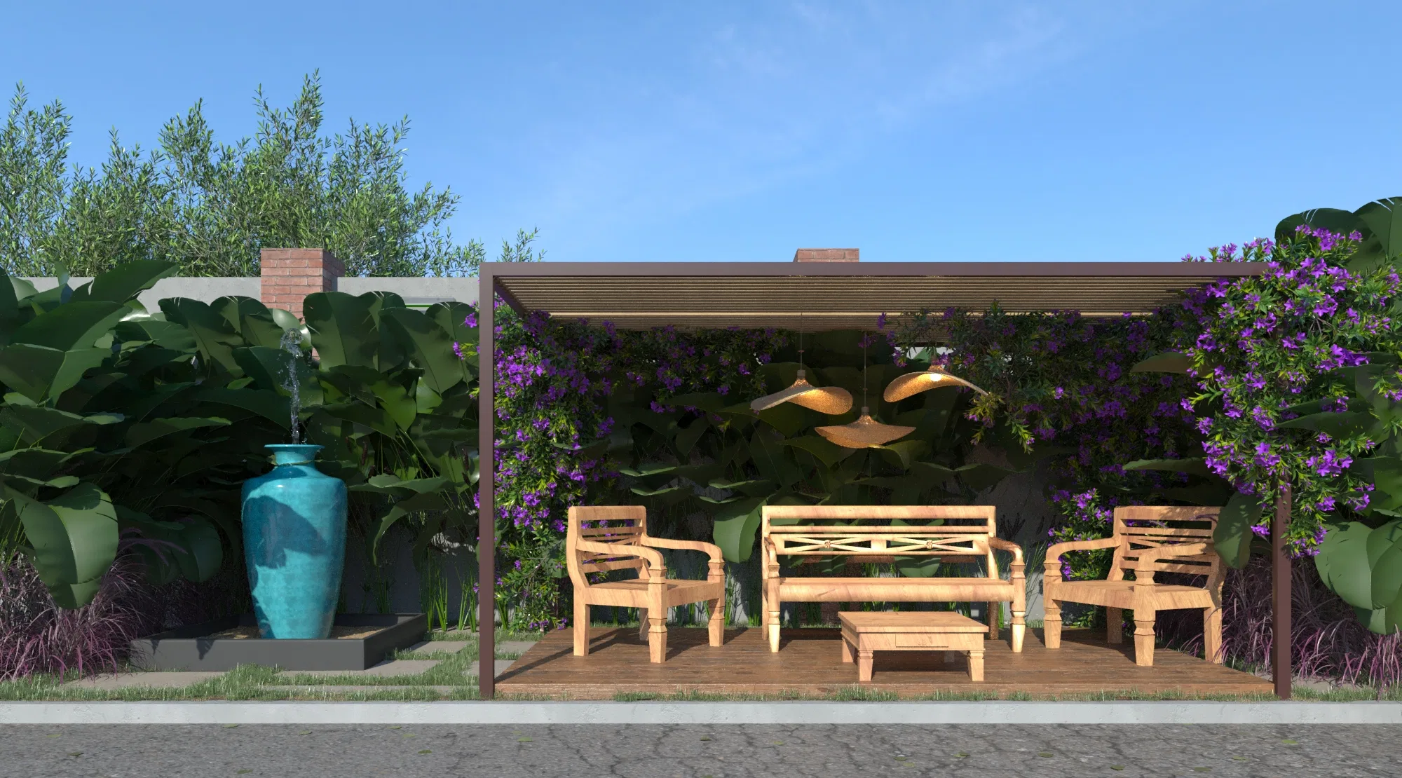 Timber pergola with armchairs and a bench under golden pendants, flanked by a purple-flowering vine and a turquoise urn turned into a fountain