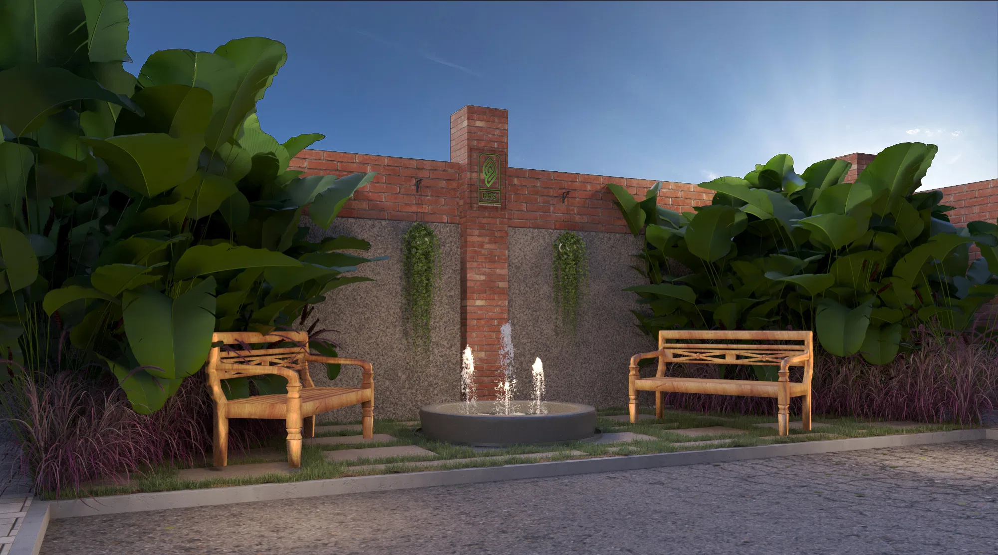 Nook with a jetted round fountain at the centre, flanked by two timber benches before a brick pillar and tropical foliage