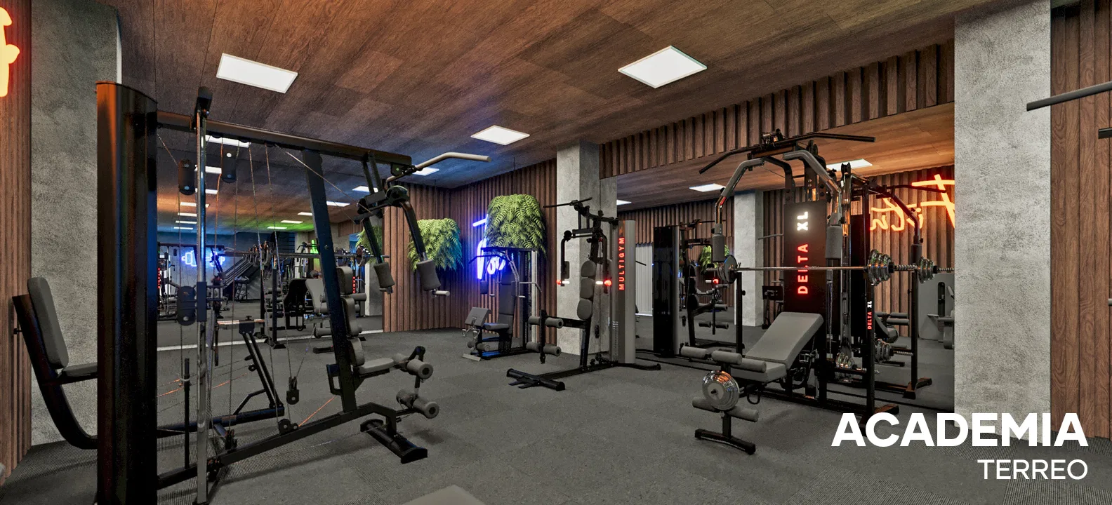 Training room with cable stations and benches facing a mirrored wall, wood slats and hanging plants overhead.