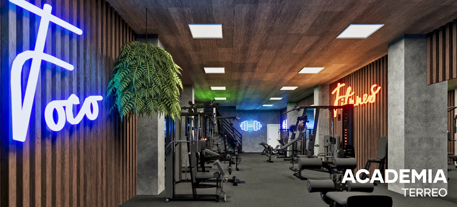 Gym corridor with a blue neon sign on a slatted wall, a hanging fern and benches lined up under low lighting.