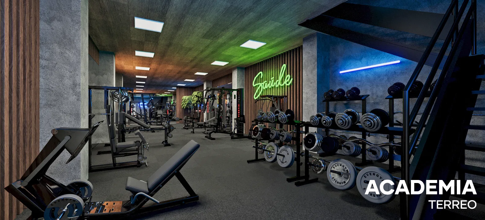 Ground-floor gym with rows of machines and dumbbells, a wood-slatted ceiling and a green neon sign glowing at the back.