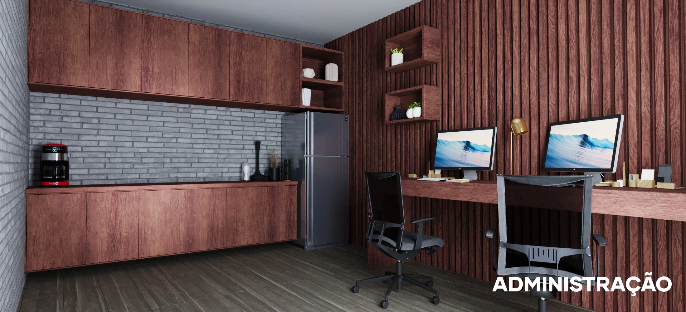 Administration room with wood cabinetry, a double desk with monitors, office chairs and a fridge beside a small kitchenette.