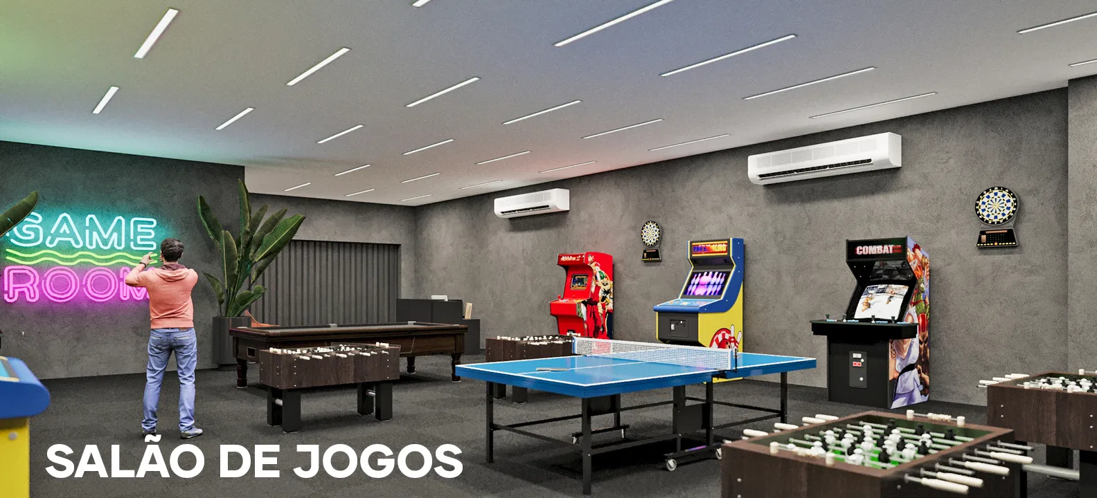 Another angle of the game room with a ping-pong table, arcade machines, wall dartboards and a player beside the neon sign.