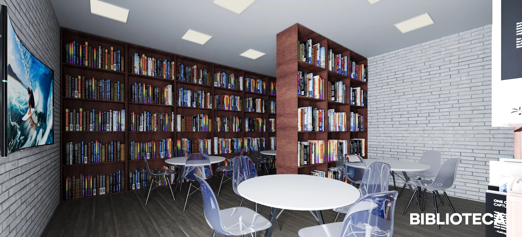 Library with wood shelves full of books, round tables with translucent chairs and a wall-mounted TV on white brick.