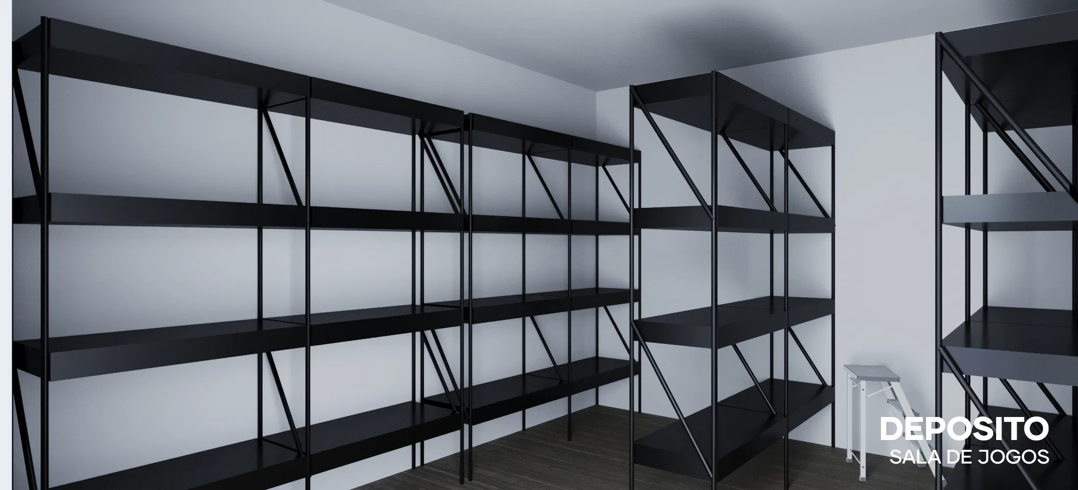 Game-area storeroom with empty black metal shelving along pale walls and a folding stool in the corner.