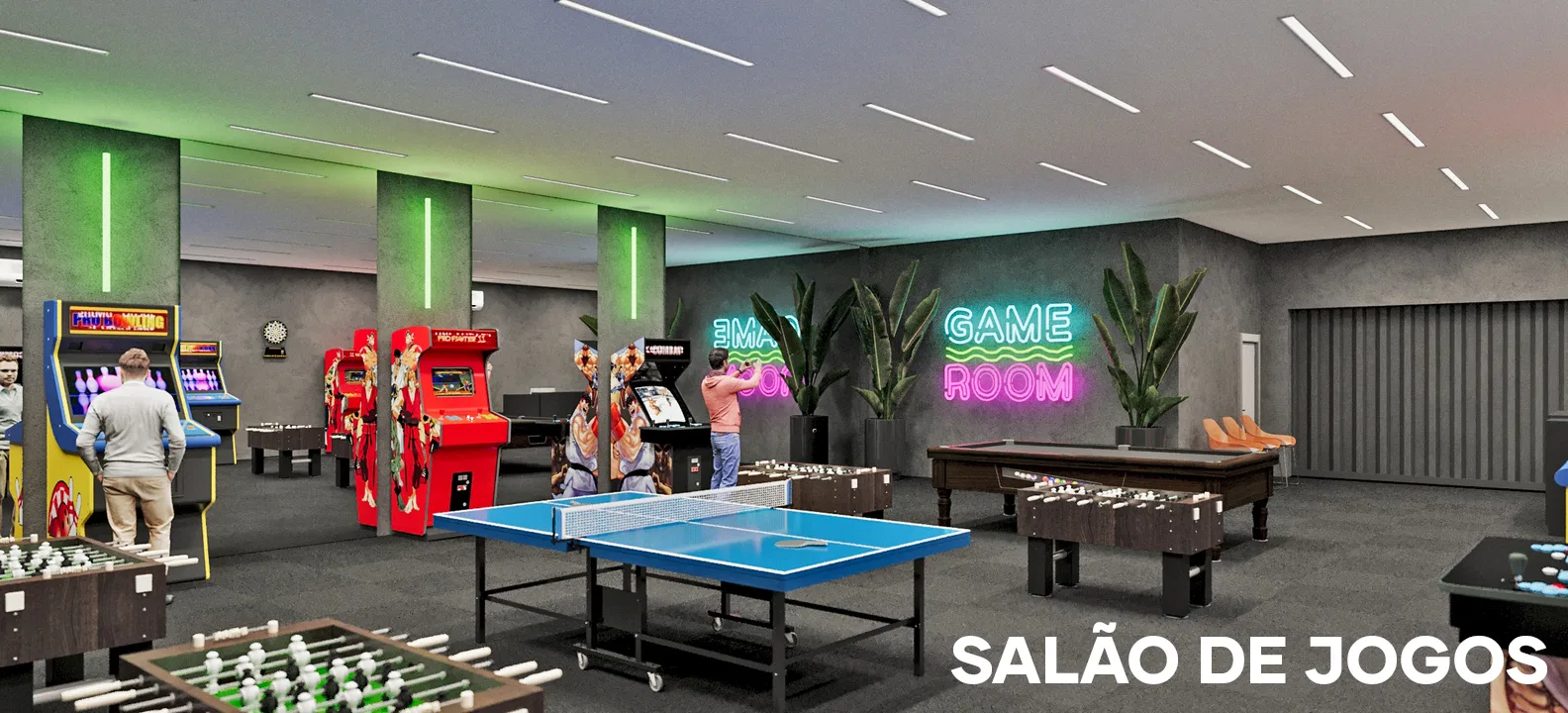 Game room with arcade cabinets, foosball and ping-pong tables, a pool table and colourful neon signage, with people playing.