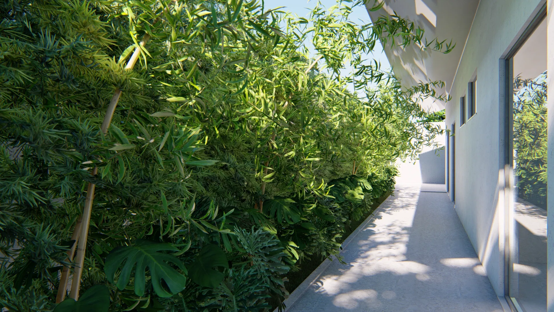 Narrow side corridor bordered by dense bamboo and foliage, with a bright lit path running along the facade