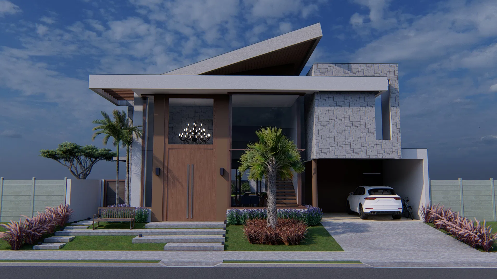 Geometric façade of a contemporary house with a sloped roof and light mosaic cladding, palms, a white car in the carport and grass beds at the entrance