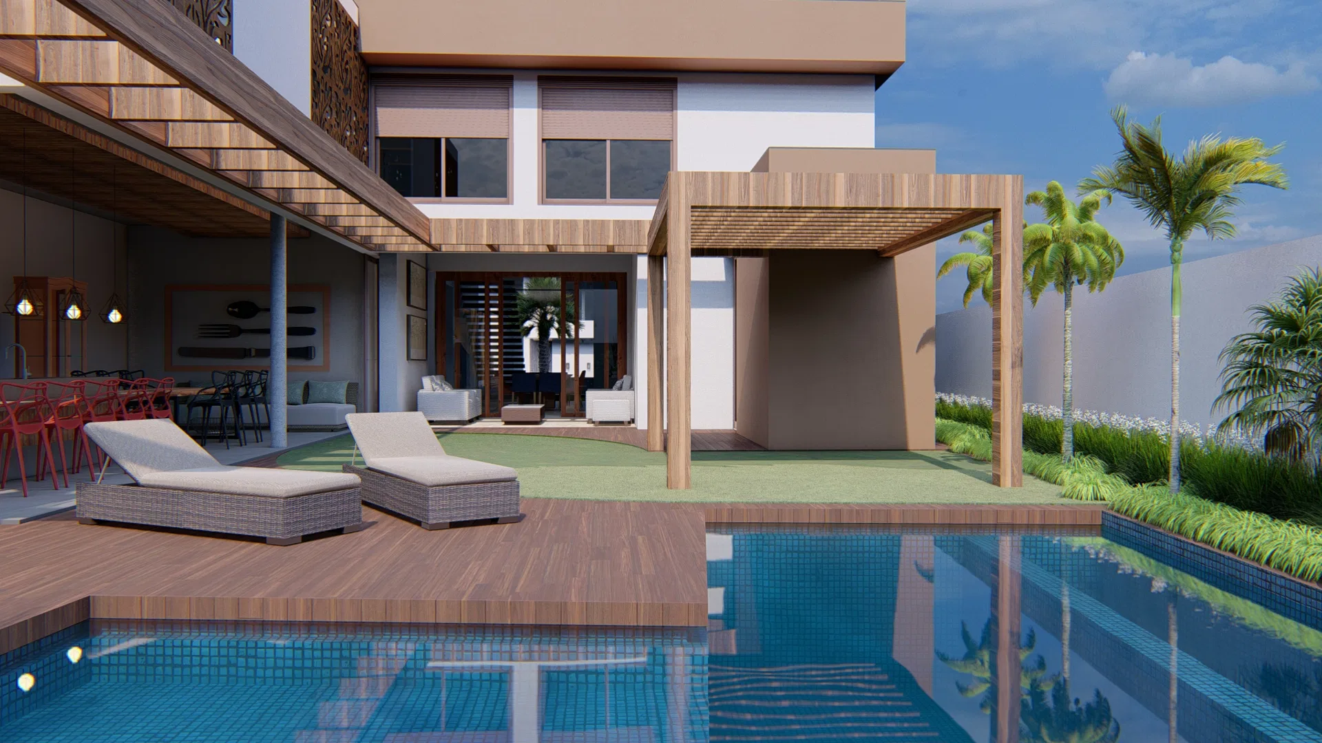 Rear of the house with a pool and timber deck, two rattan chaises facing the open living area, a pergola and palms along the wall