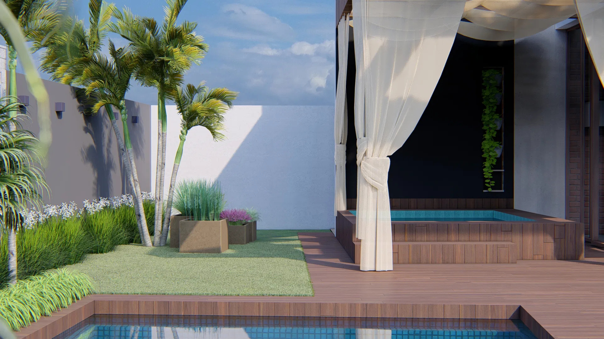 Pool area with palms and grass planters, and a small water surface beside a dark wall carrying a hanging vertical garden
