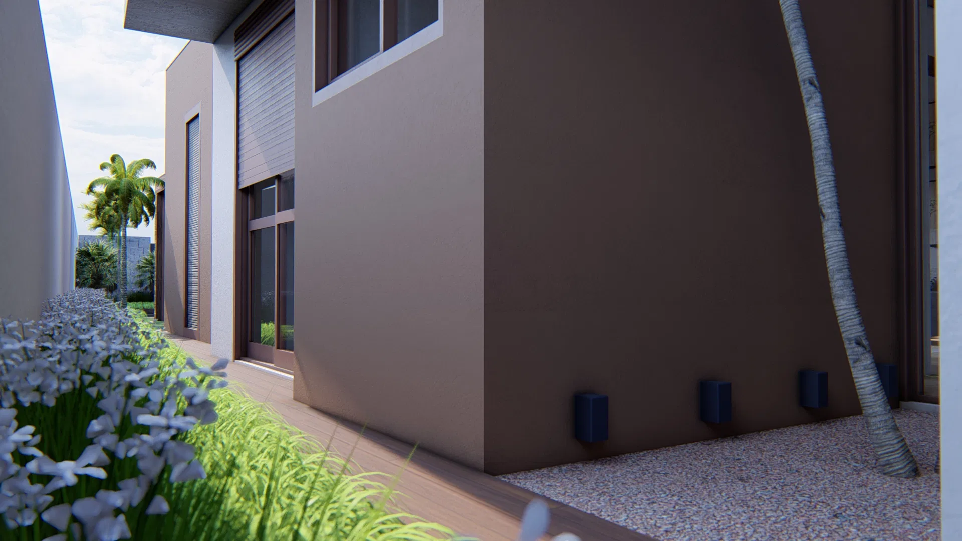 Side corridor with a timber deck, a bed of white agapanthus and grasses running along the taupe wall of the house