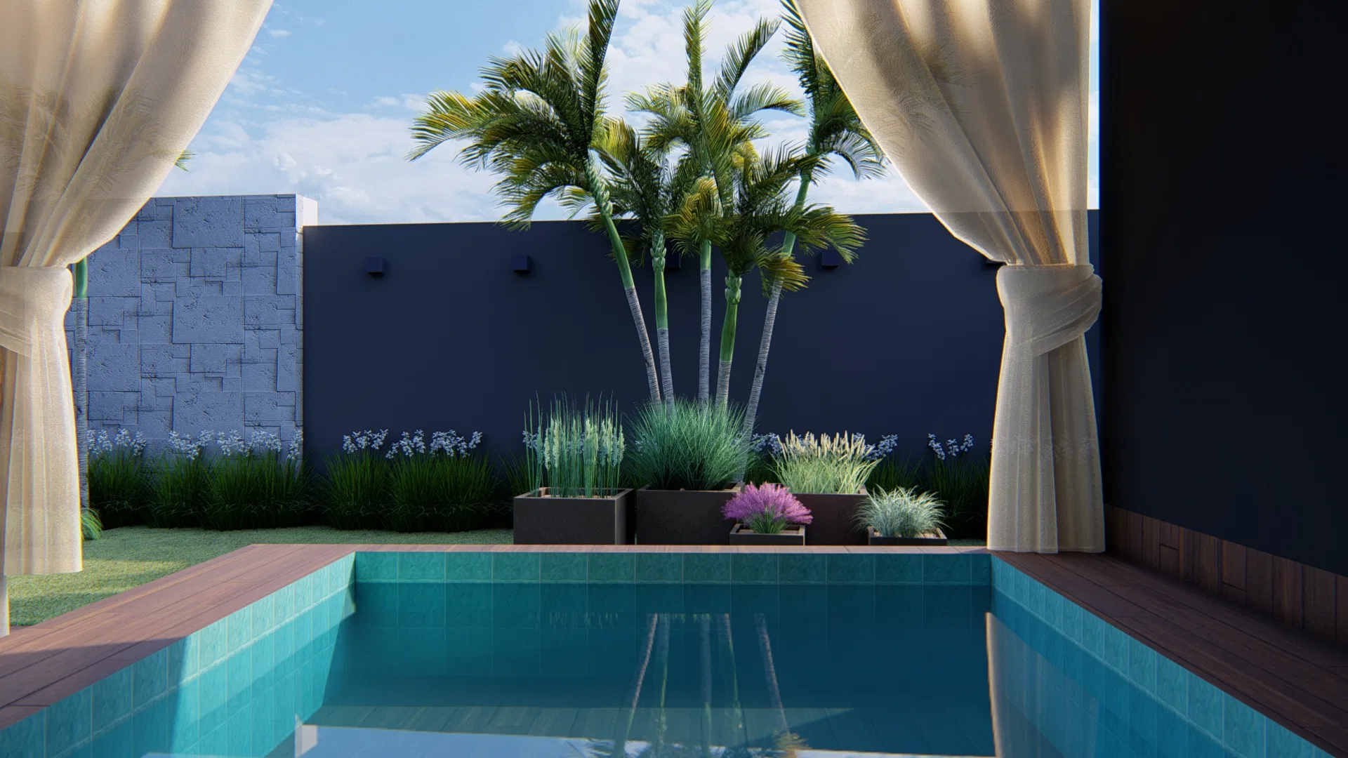 Pool at dusk beside a dark wall, with lit palms, planters of grasses and pink flowers, and curtains framing the view