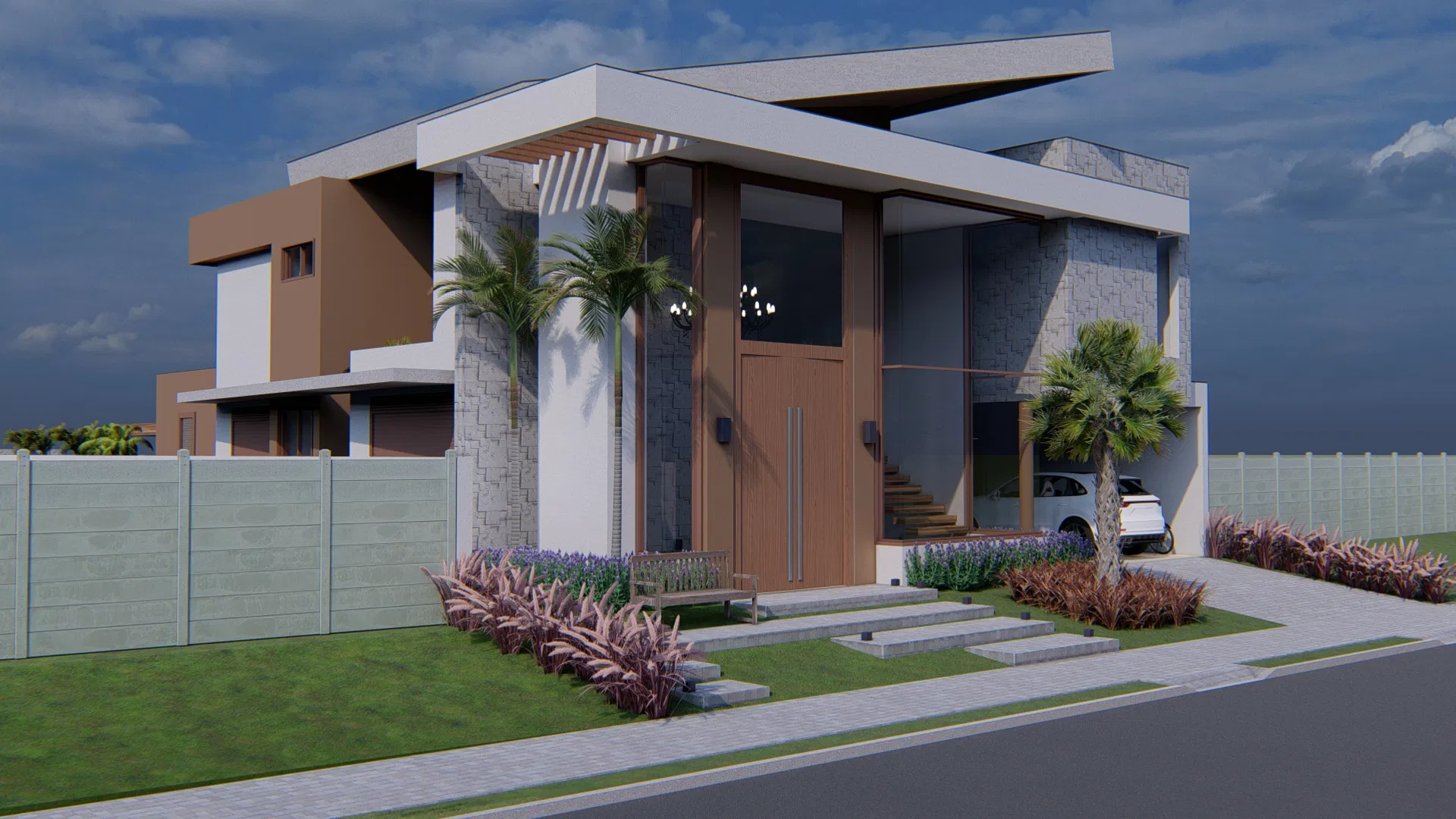 Three-quarter view of the same house, with white and taupe volumes, a stone-clad column, a timber door and a front garden of palms and lavender beds
