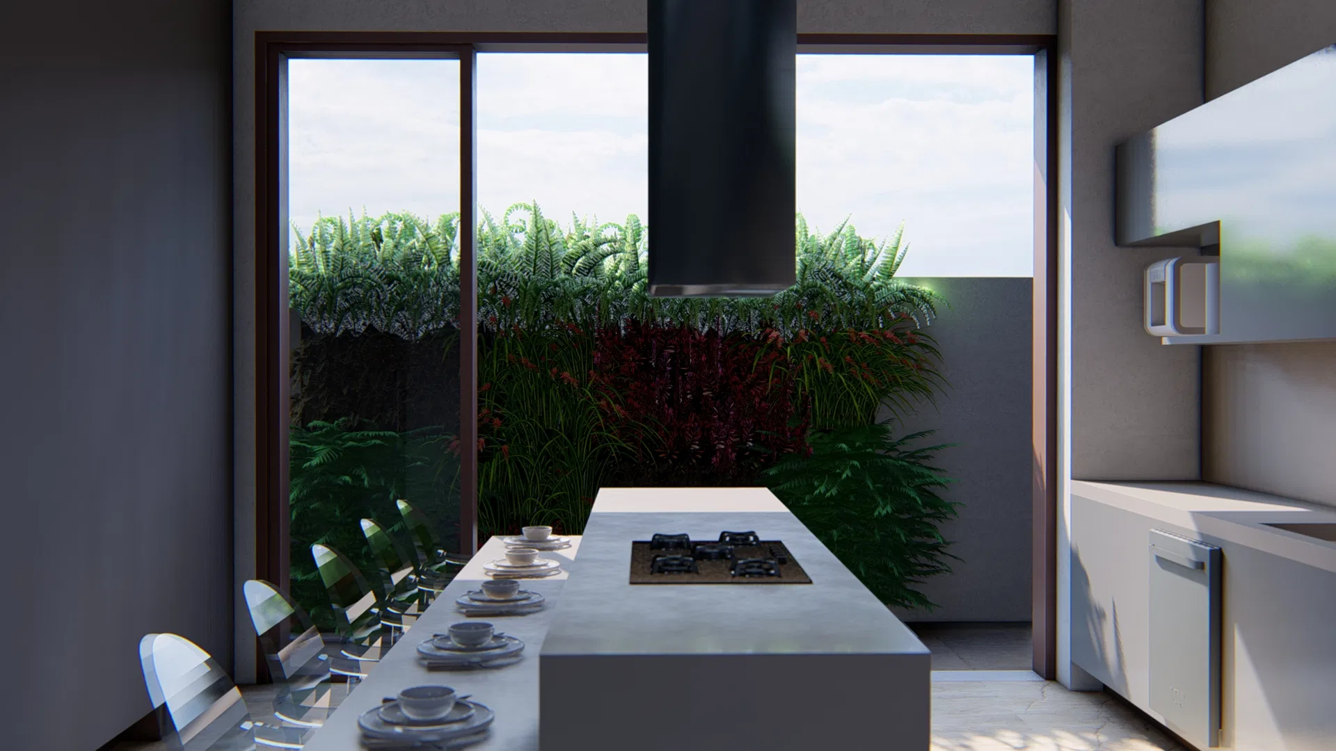 Kitchen with a central island and cooktop, a black hood and glass doors opening onto a vertical garden of ferns and red foliage