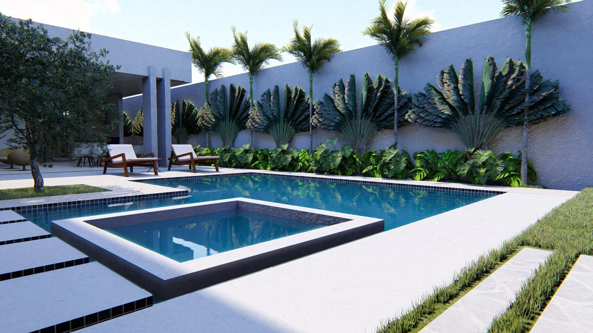 Pool with an integrated square spa, a row of multi-trunk palms along the wall and a strip of grasses to the right