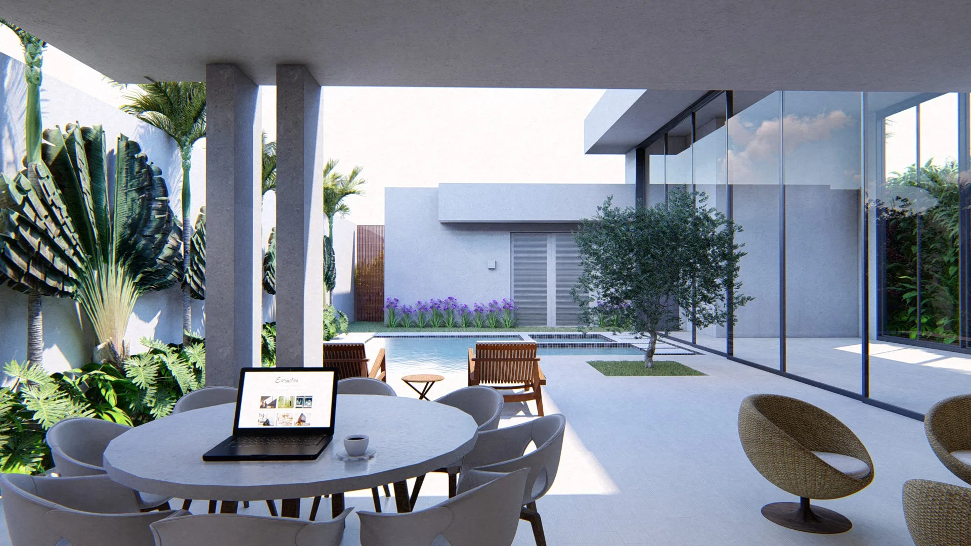 Covered patio with a round table and woven armchairs, tropical foliage to the left and a view to the pool with agapanthus