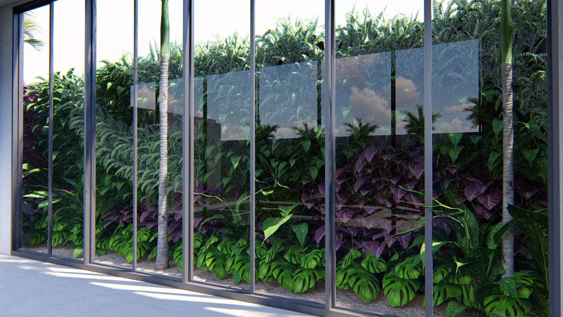 Green-and-purple living wall behind glass, with slender palm trunks and the sky reflected across the panels