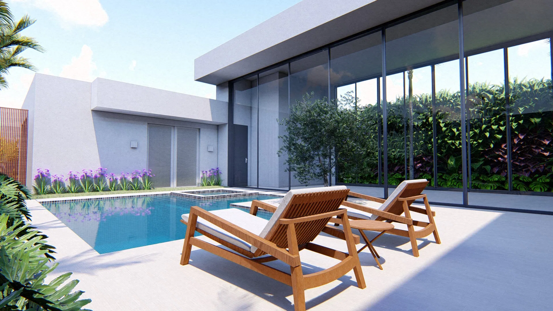 Pool deck with two wooden loungers, flowering agapanthus at the edge and a vertical-garden wall between vertical brises