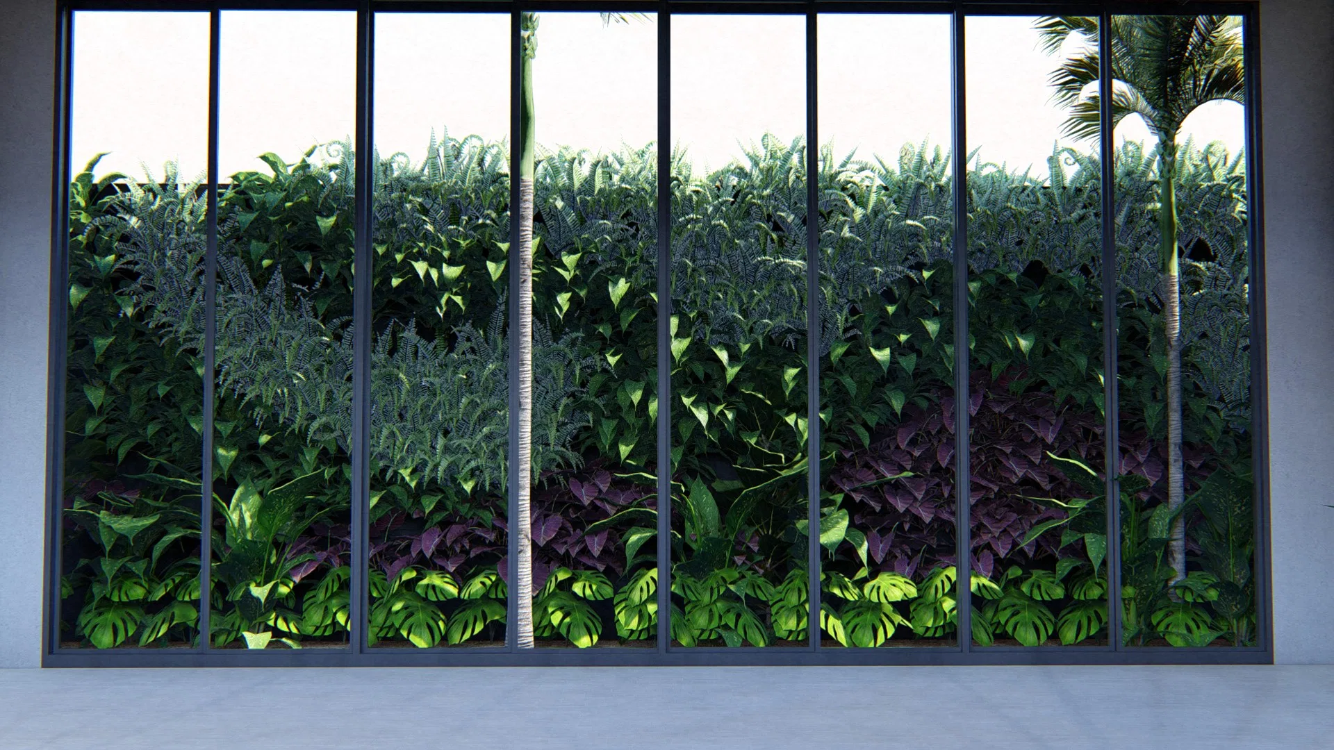 Vertical-garden panel seen through the window mullions, with ferns, cut leaves and purple foliage in a dense mass