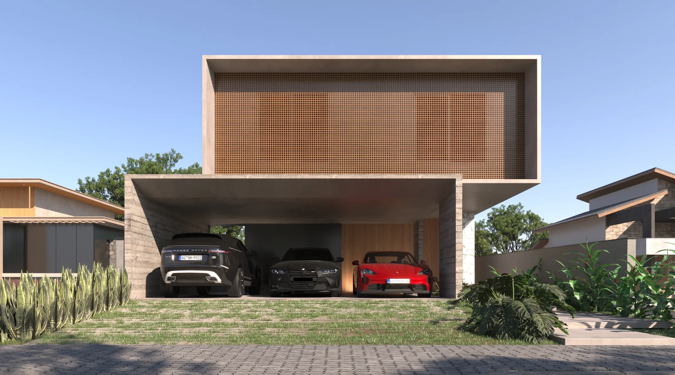 Facade with a perforated wood screen over the upper volume and a covered carport with cars parked at ground level