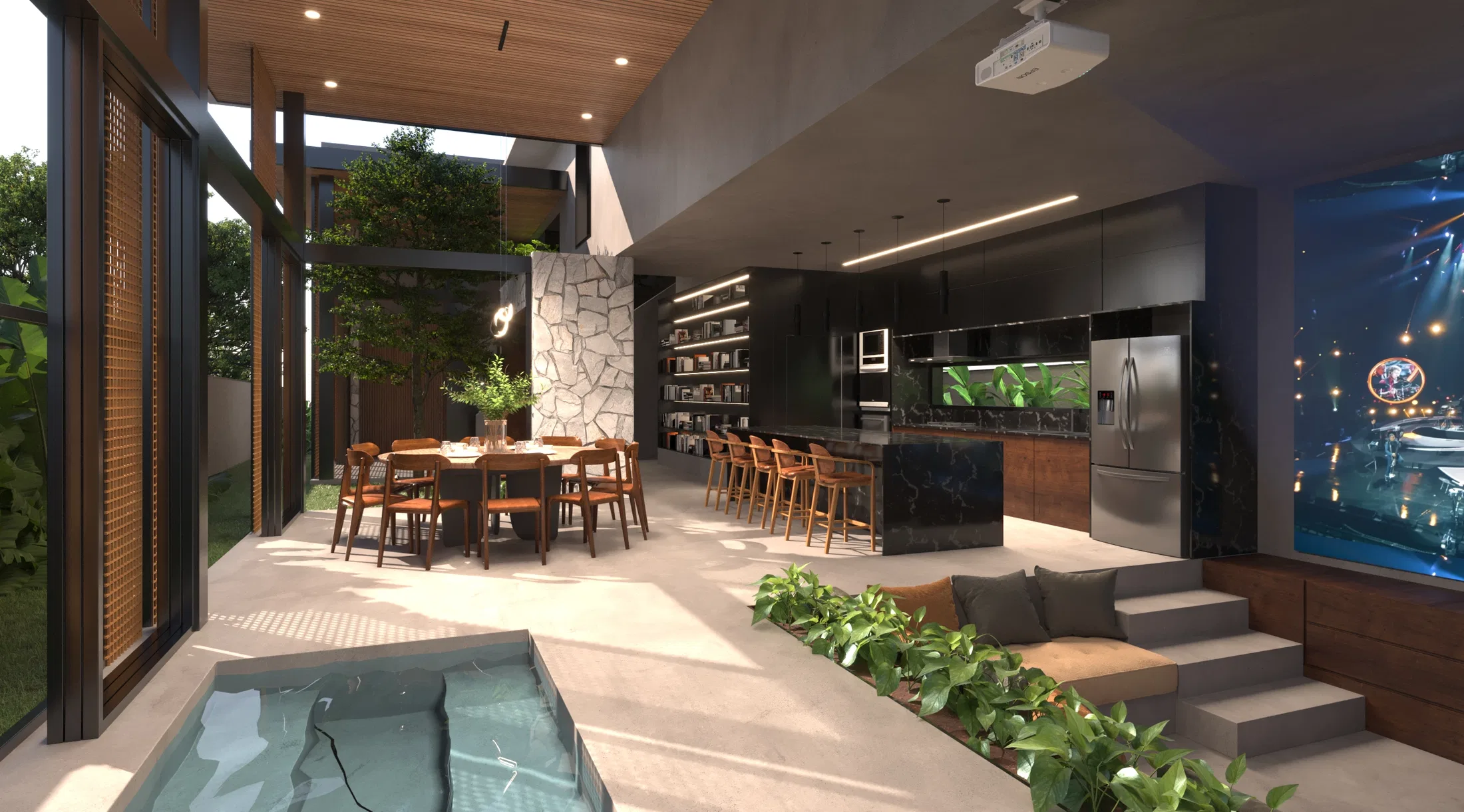 Combined kitchen and living space with a raw stone pillar, black cabinetry, a wood dining table and steps down to the sunken lounge by the pool