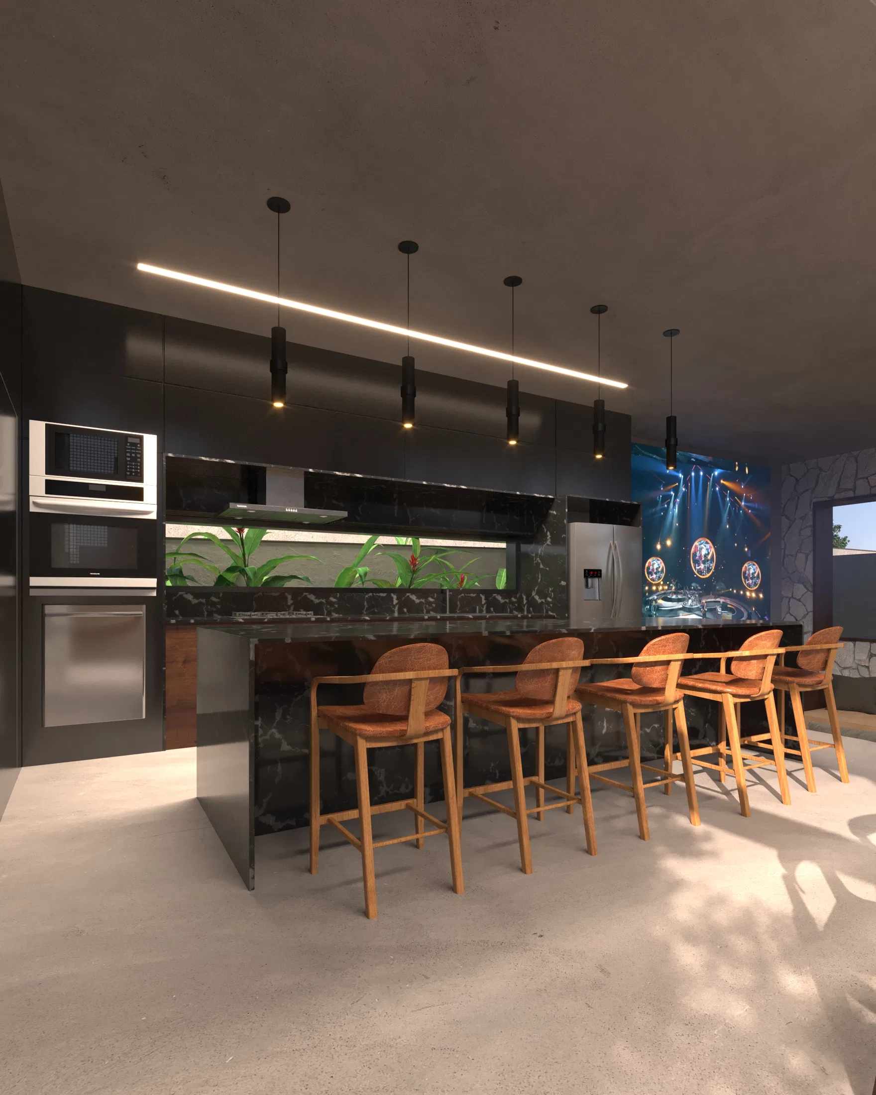 Dark stone kitchen counter with wood stools, a row of pendant lights and built-in appliances
